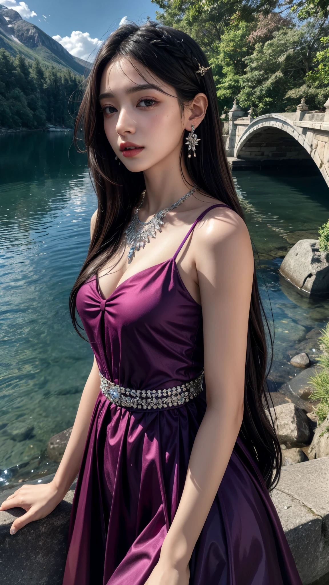 8K, ultra hd, masterpiece, 1 girl, good face, very long hair, detailed eyes, detailed lips, small breasts, princes frock, spreading frock, purple frock, diamonds, jewellery, necklace, earring, lake, landscape, attractive poses,