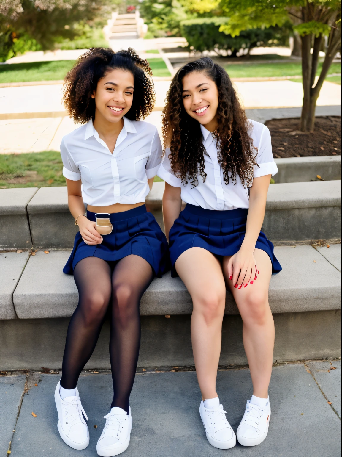 Show entire body, feet in view, aerial view, Zendaya and twin sister, curly hair, American school uniform, short skirt, sheer pantyhose, canvas shoes, sitting, outdoors, midnight, laughing