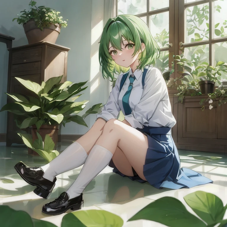anime girl sitting on the floor with green hair and black shoes, smooth anime cg art, anime visual of a cute girl, anime moe artstyle, the anime girl is crouching, painted in anime painter studio, young anime girl, guweiz on pixiv artstation, made with anime painter studio, anime style 4 k, clean detailed anime art, cute anime girl