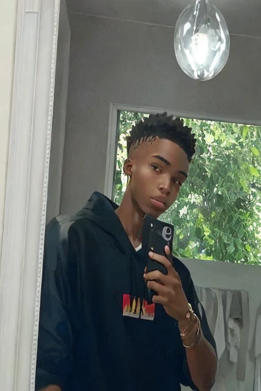 there is a black man taking a selfie in a mirror, around 1 9 years old, 18 years old, taken in the early 2020s, 1 6 years old, he is about 20 years old, he is about 2 0 years old, frontal picture, very very low quality picture, 21 years old