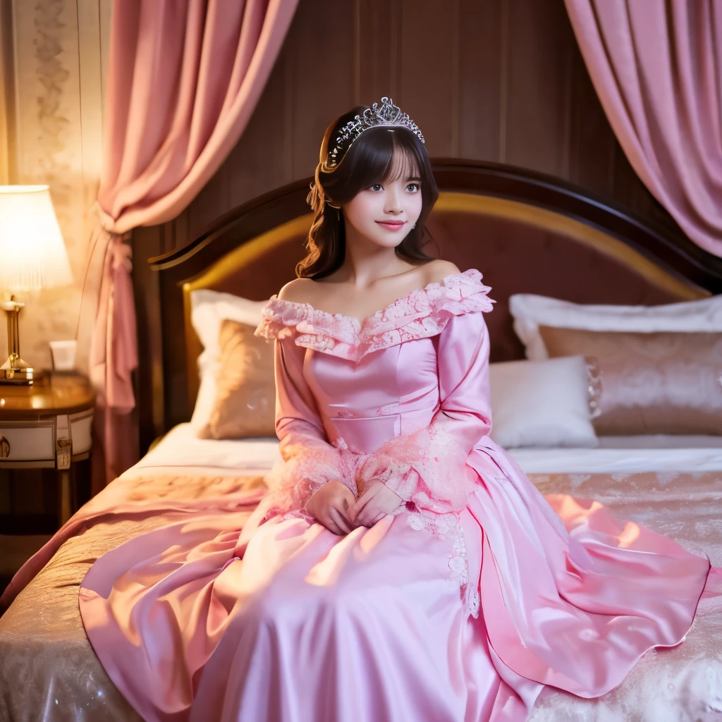 ,highest quality, masterpiece, highest resolution, artwork, super それにget used to it, many get used to it, get used to it, それにget used to it, 3K realistic photos,,(( When I was 10 years old)),Super detailed baby face,She is a princess,Full length ball gown dress with hoop skirt,ruffled yoke collar,puff sleeves,long sleeve,((Lolita style hot pink detailed princess satin dress、Comes with lots of frills and ribbons。)),colorful rococo fashion,shiny satin dress,Soft and smooth fabric,luxury,long blonde hair,blue eyes,white skin european,pajamas,((inside the palace)),,,(( When I was 10 years old)),Super detailed baby face,Full length ball gown dress with hoop skirt,long skirt,ruffled yoke collar,puff sleeves,腰まで伸びるlong blonde hair,blue eyes,white skin european,pajamas,((inside the palace bedroom)),ピンクのシルクサテンのluxuryなcanopy bedの上,canopy bed,Luxury curtains on both sides of the bed,many frilly pillows on the bed,super detailed background,Detailed bed,silk satin bed sheets,soft silk satin comforter,Soft silk satin ruffled pillow in pastel colors,romantic atmosphere,little princess is sitting on the bed,Don'Don't put your feet out to the side,Beautiful girl illustration,detailed beautiful face detailed hair,detailed human eye ,detailed mouth, arm details,fine hands,Detailed pillow,