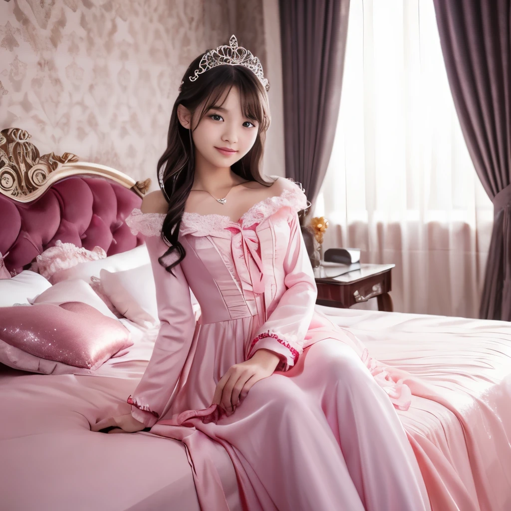 unity 3k wallpaper,highest quality, masterpiece, highest resolution, artwork, super それにget used to it, many get used to it, get used to it, それにget used to it, More realistic,woman, ((10 years old)),the girl is a princess,pink victorian nightgown,voluminous ball gown dress,pajamas,long sleeve,long dress,Nightgown with lots of frills and ribbons,luxury,Bedroom,Realistic beautiful girl face,