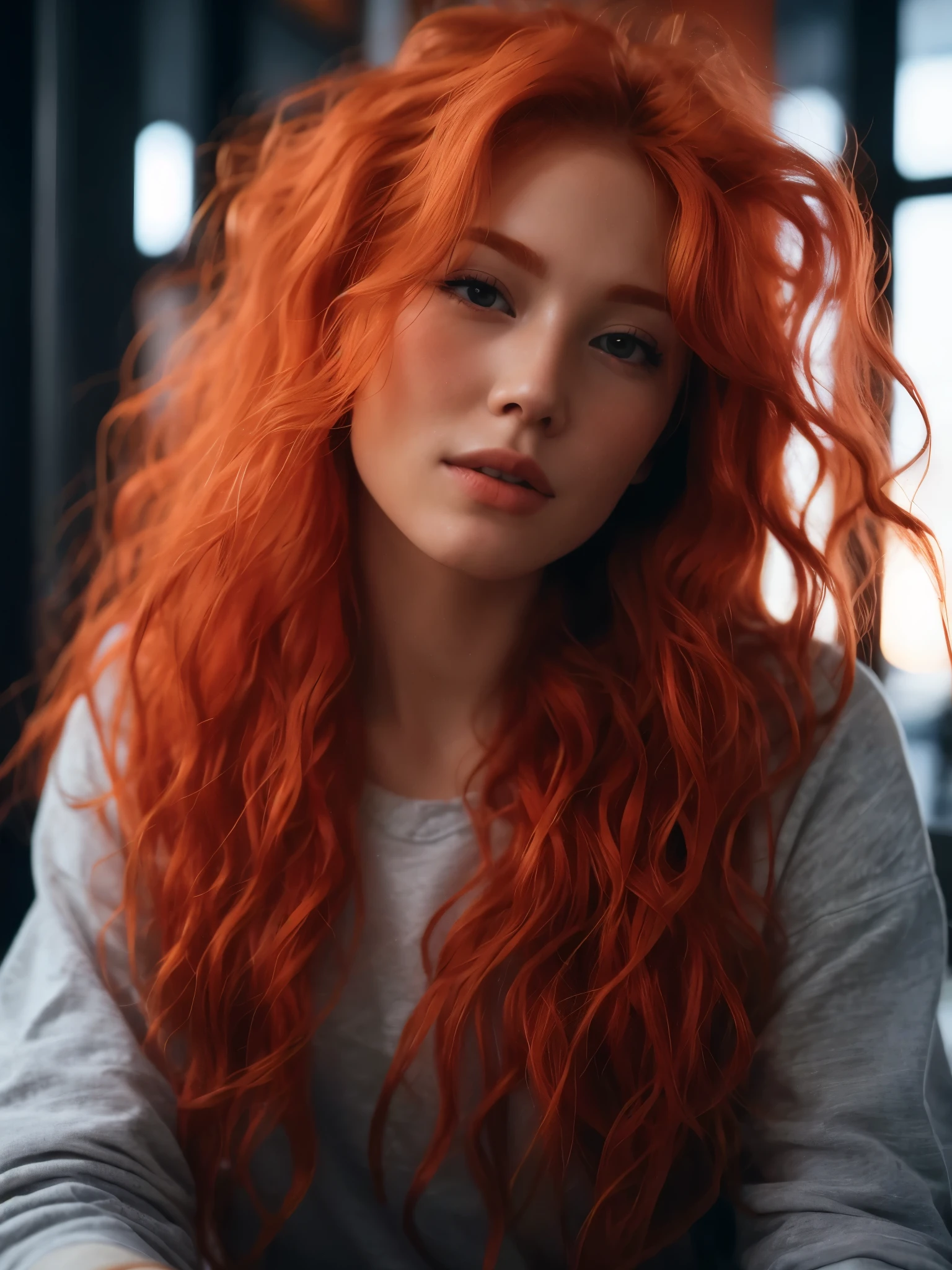 redhead haired woman with long hair sitting in a cafe, orange skin and long fiery hair, ginger wavy hair, flowing ginger hair, orange glowing hair, wild ginger hair, long wavy orange hair, photo of a beautiful woman, redhead woman, long orange hair, red hair and attractive features, beautiful redhead woman, redhead girl, orange hair, wavy big red hair