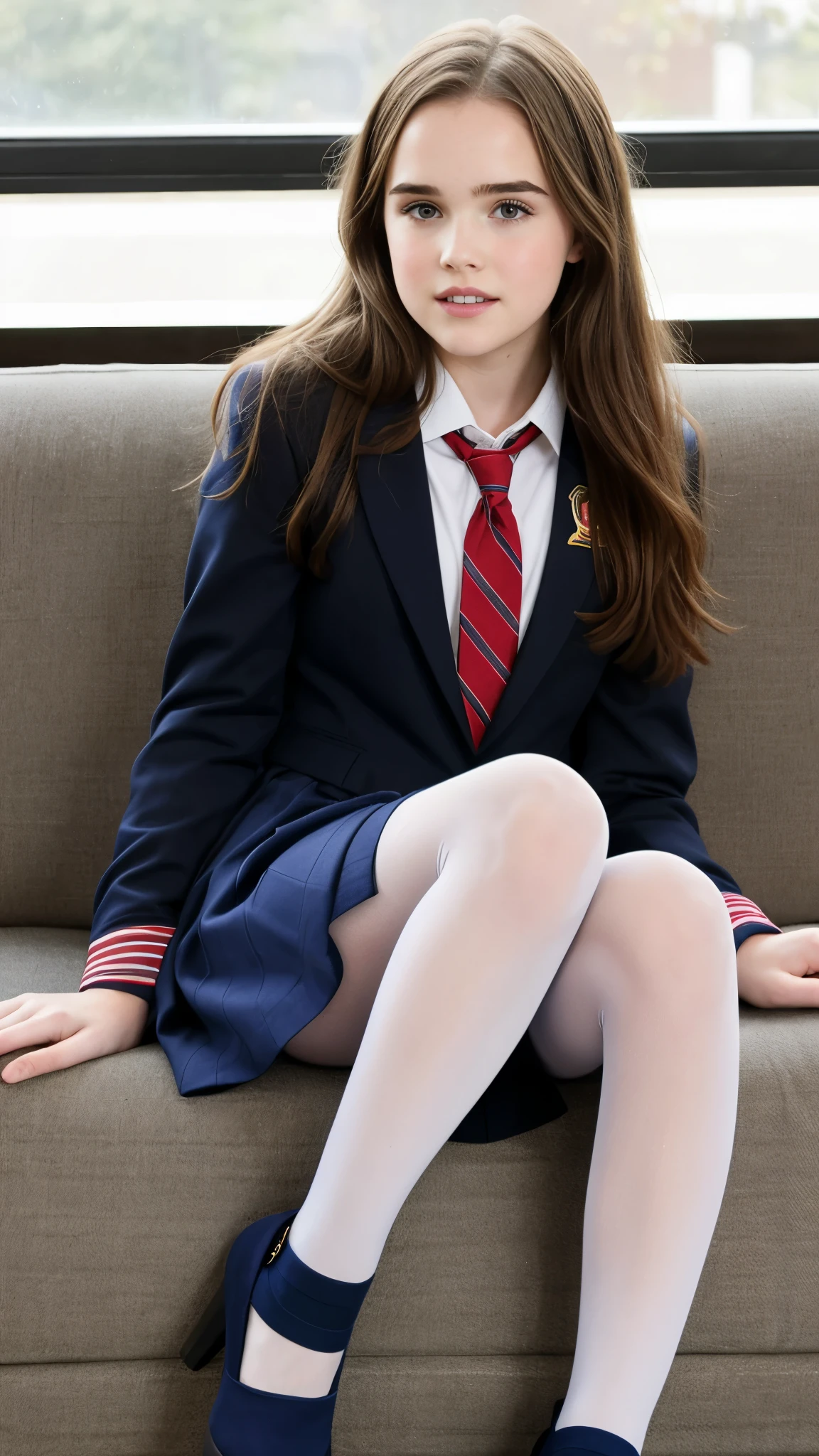 13 year old Zoey Deutch, school uniform, pantyhose, sitting on sofa