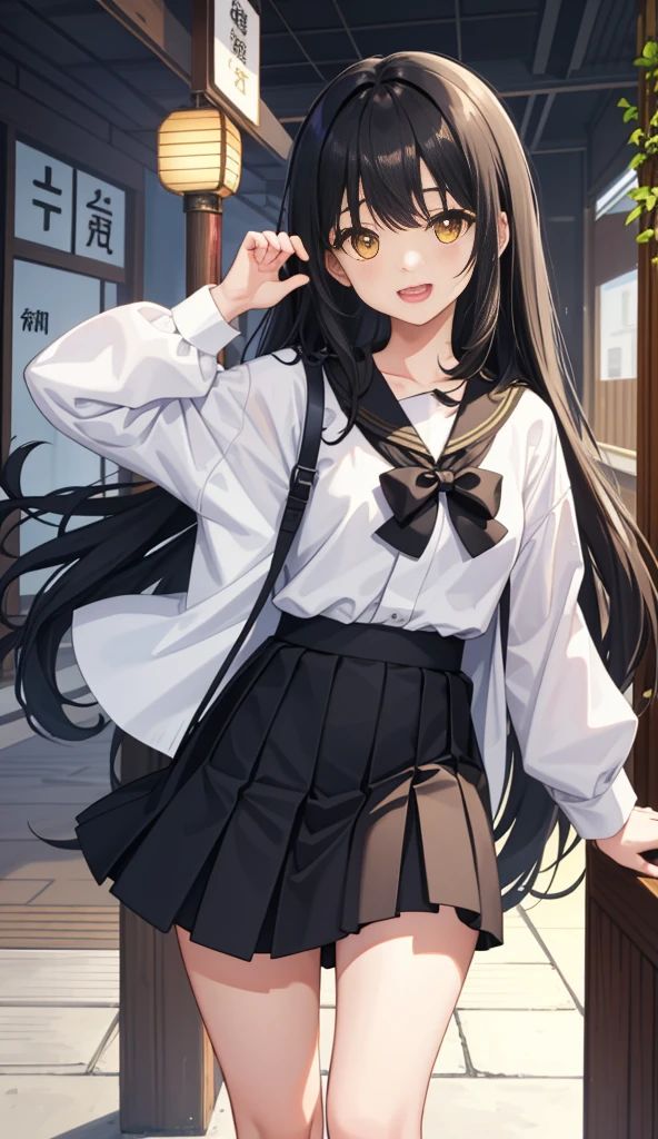 1girl in、AS-Adult、A smile、open open mouth、、be shy、The shirt、skirt by the、black Hair、 long hair（）Japan High School、校服、serafuku、Walking with a thigh、Upper body portrait、yellow eyes