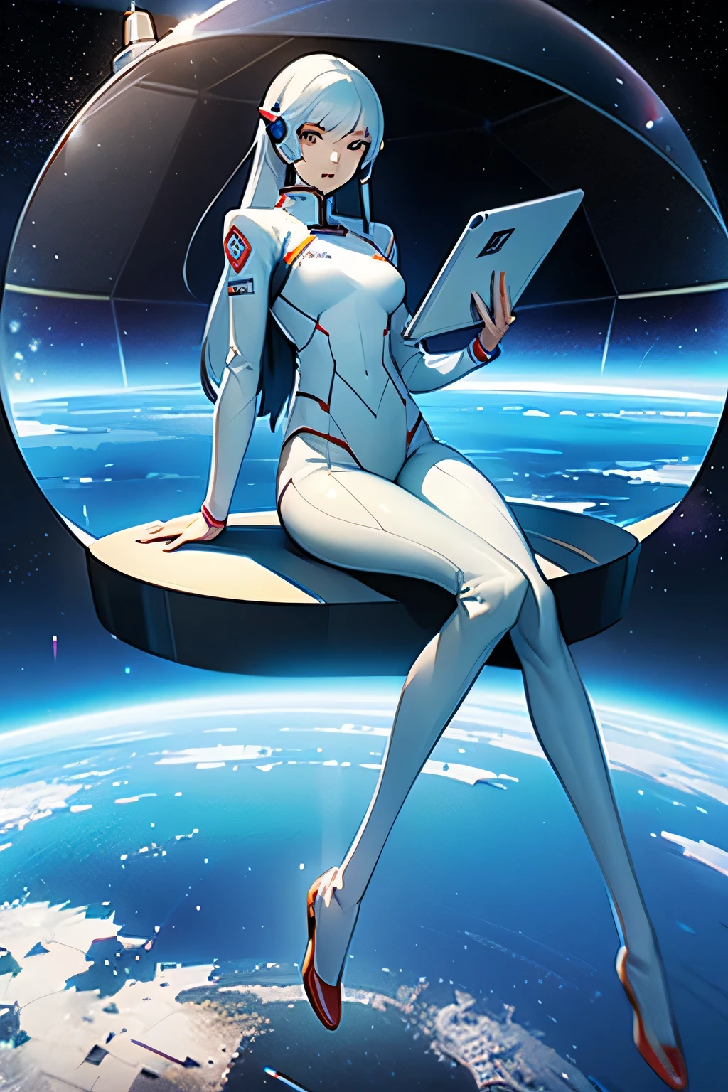 ((woman with long legs)), ((chinese)), ((futuristic clothing)), ((sitting on a space station)) ((checking her transparent tablet)), ((white space suit)), ((full body))