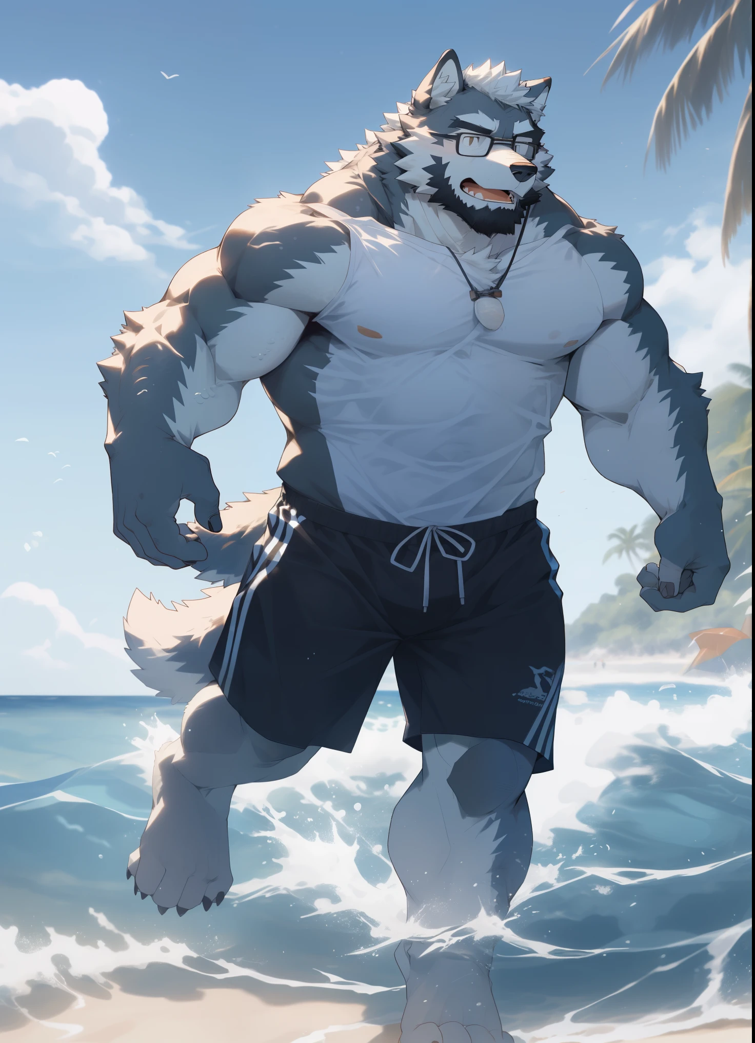 hairy，（Wolf，Black-rimmed glasses，Swimming pants），beard，white fur，male，Common，full body picture， dynamic poses，Sunlight，beach，In the sea，swim，detailed background，极其lifelike阴影，masterpiece，Very detailed，lifelike