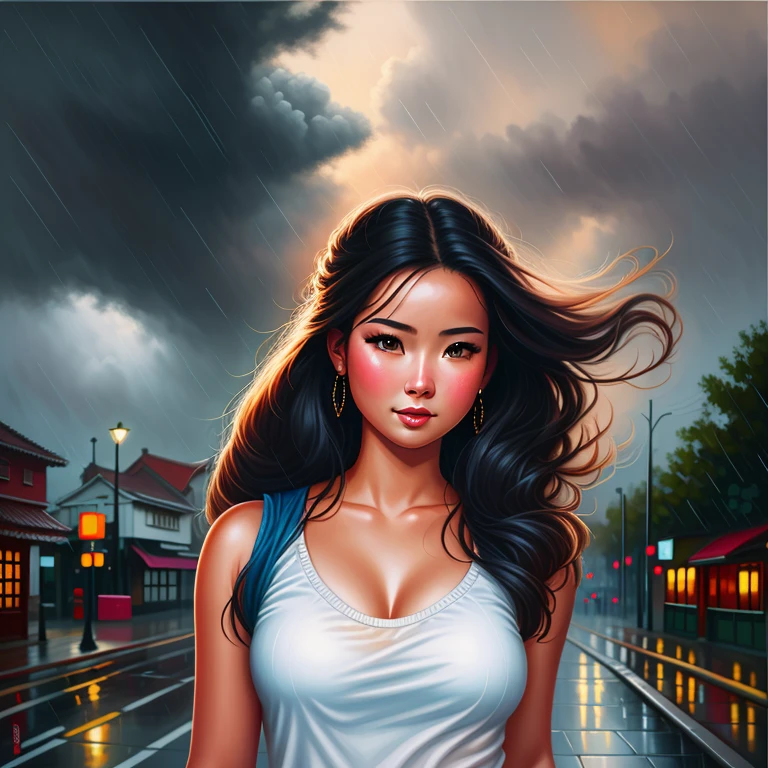 There is a woman standing in the street with her hair blowing in the wind, in oil painting style, tempo sombrio. hiperrealista, chovendo retrato, pintura digital highly detailed, in the style of an oilpainting, pouco detalhado. pintura digital, trigo tempestuoso, Dia de tempestade, beautiful standing in the rain, a young Asian woman, in style of pintura digital