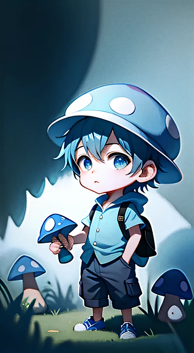 1 boy,blue mushroom hat,