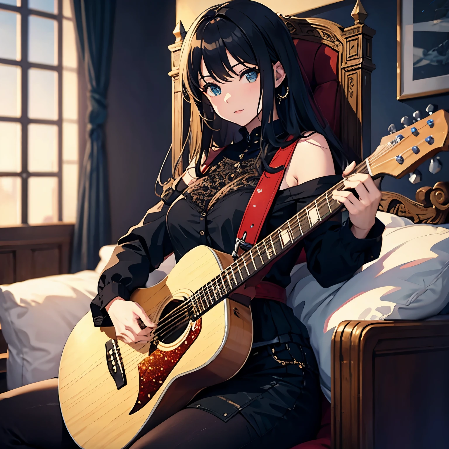 Woman lying on throne in dark clothes playing guitar, on her lap