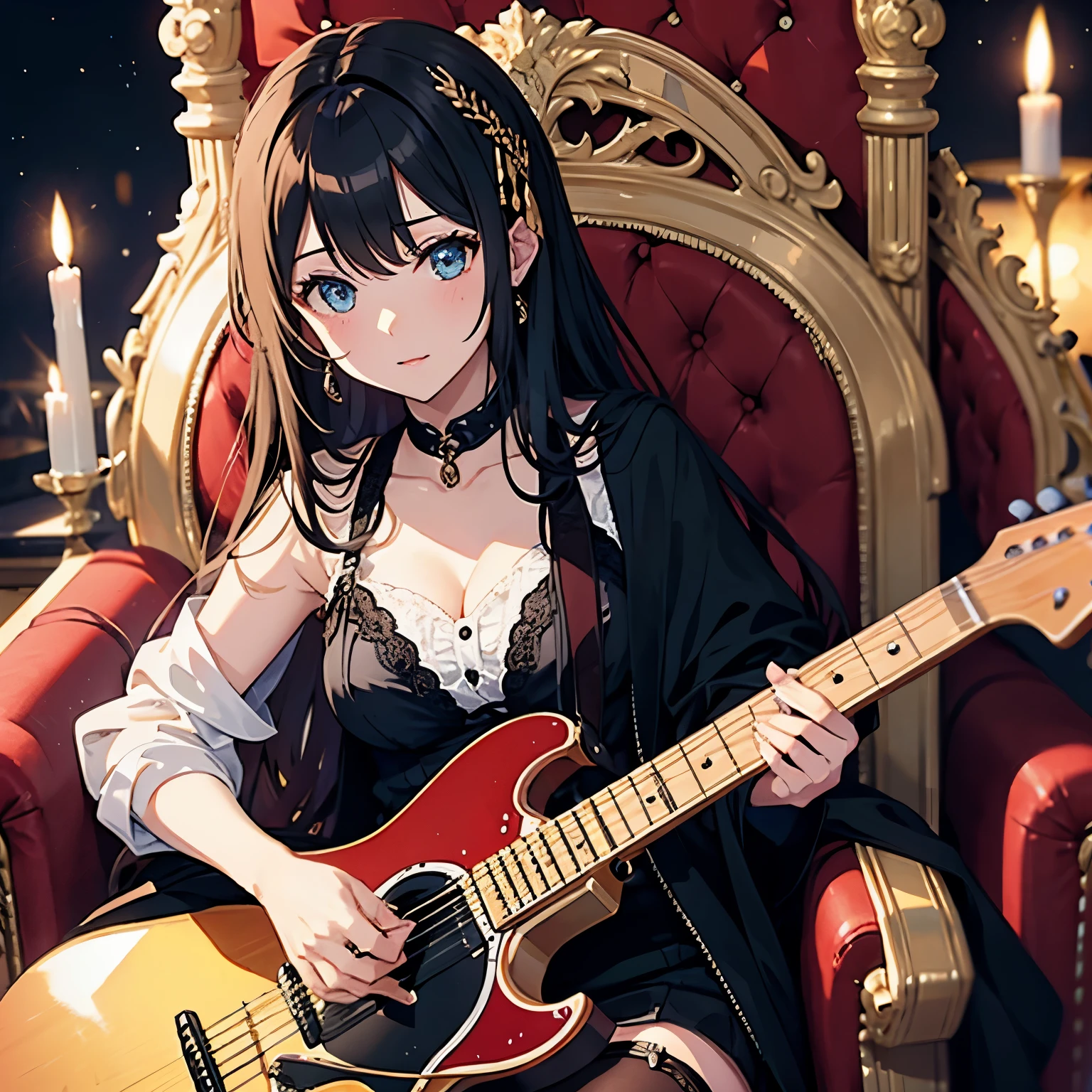 Woman lying on throne in dark clothes playing guitar,  on her lap