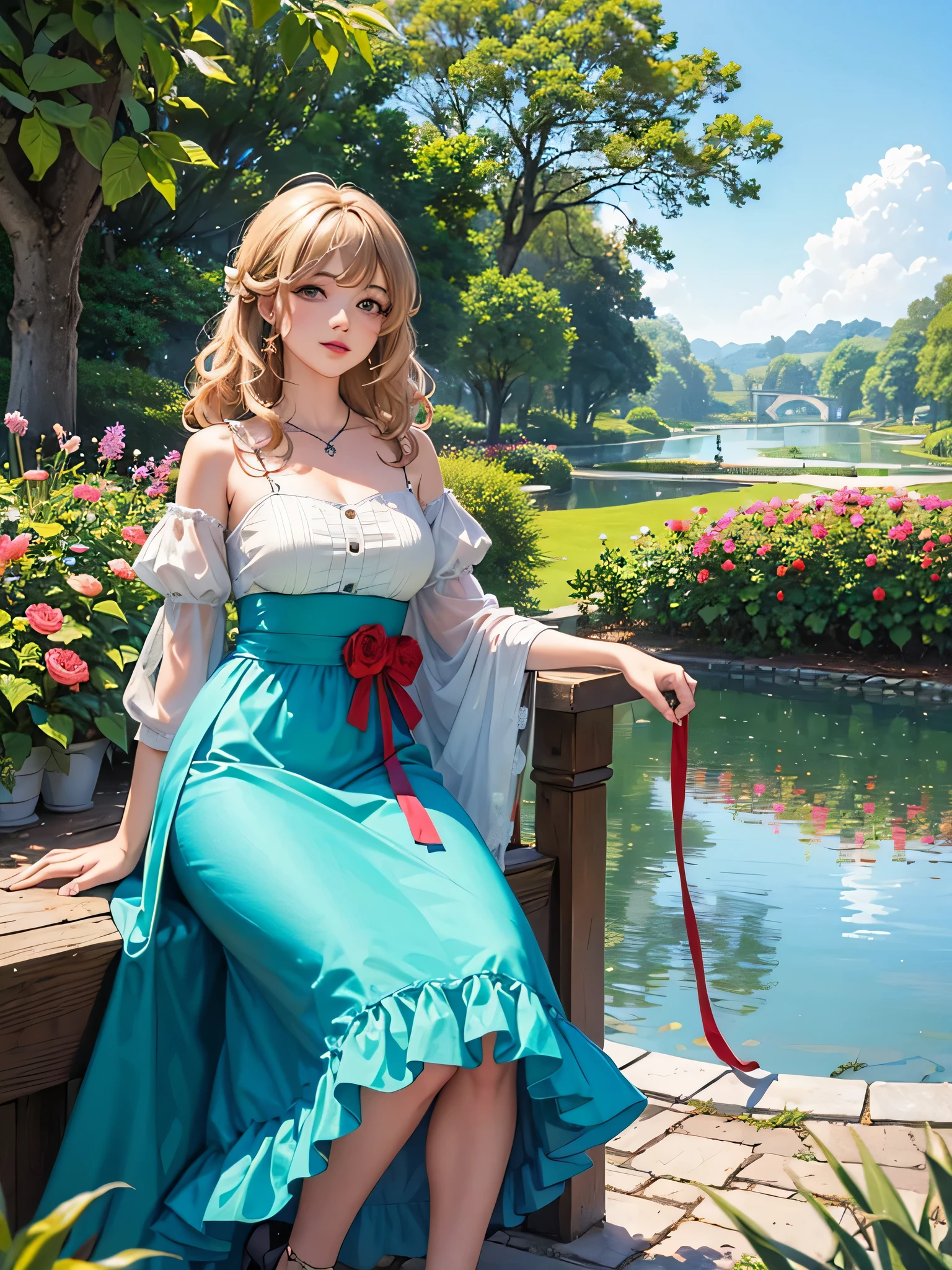 (micro-paisagem:1.5),(melhor qualidade), ((obra de arte)), (high resolution), illustration, Original, A European man standing and a European woman with curly hair lying down, em um barco no meio do lago, in a romantic scene in Monet's Garden 4k com uma ponte altamente detalhada ao fundo, ((ROSTOS PERFEITOS)), jardim florido.