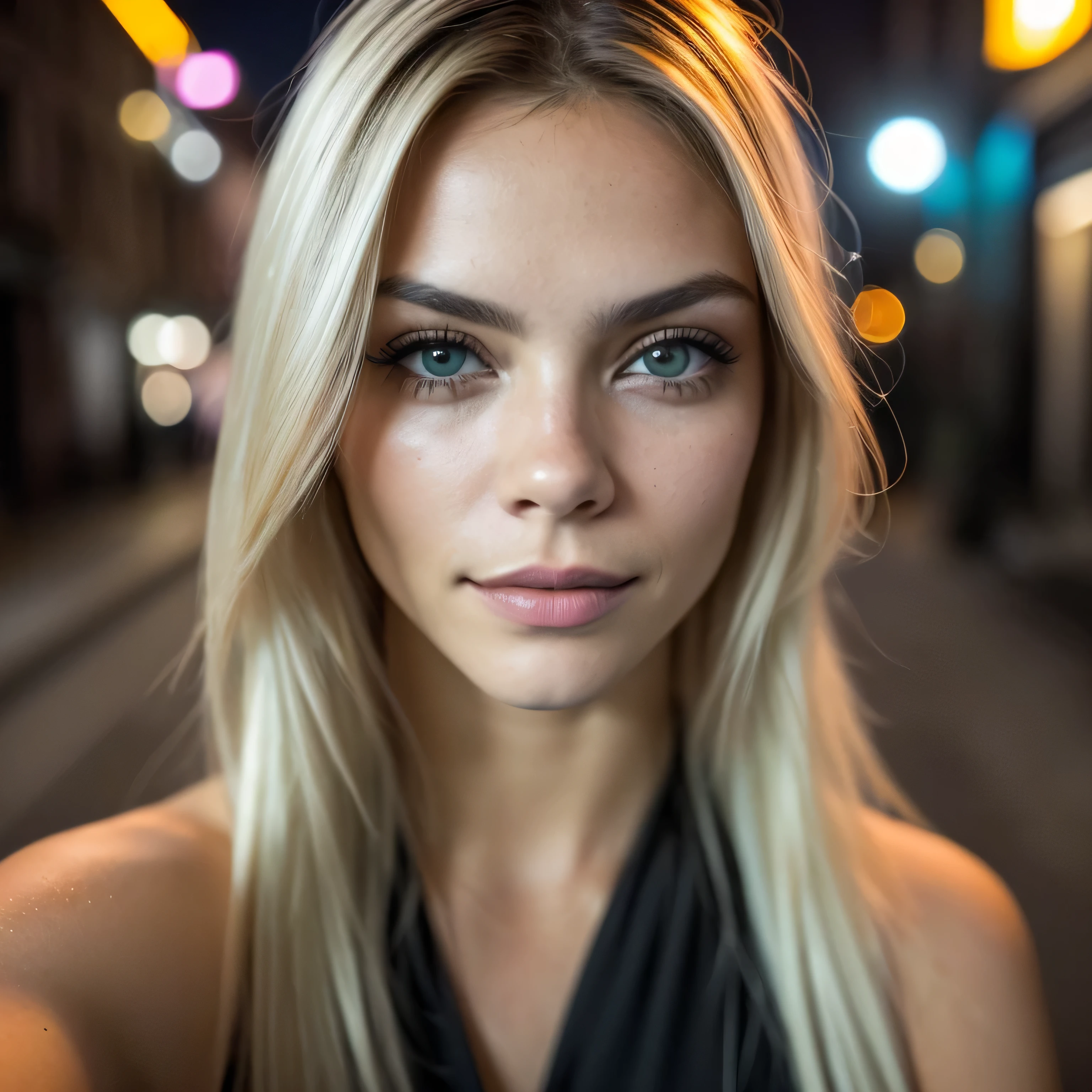 (Foto selfie, desde arriba:1.4), (postrait medio cuerpo:1.4), RAW uhd portrait photo of a 24 year old blonde (Mujer de ojos verdes) walking down a dark alleyway, pecho natural, Antecedentes nocturnos de la ciudad, (Vestido de sol azul), (escote), Detallado (Texturas!, cabello!, brillar, Color!!, Imperfecciones:1.1), Ojos brillantes altamente detallados, (Looking at the camera), specular lighting, DSLR, Calidad Ultra, sharp focus, Tachuela afilada, DOF, Film grain, (centrado), Fujifilm XT3, Cristalina, Centro del marco, cara linda, sharp focus, farola, Neon lights, Bokeh, (Poca luz), discreto, Por la noche, (cielo nocturno)  poros detallados de la piel, piel grasa, tan, Detalles intrincados de los ojos