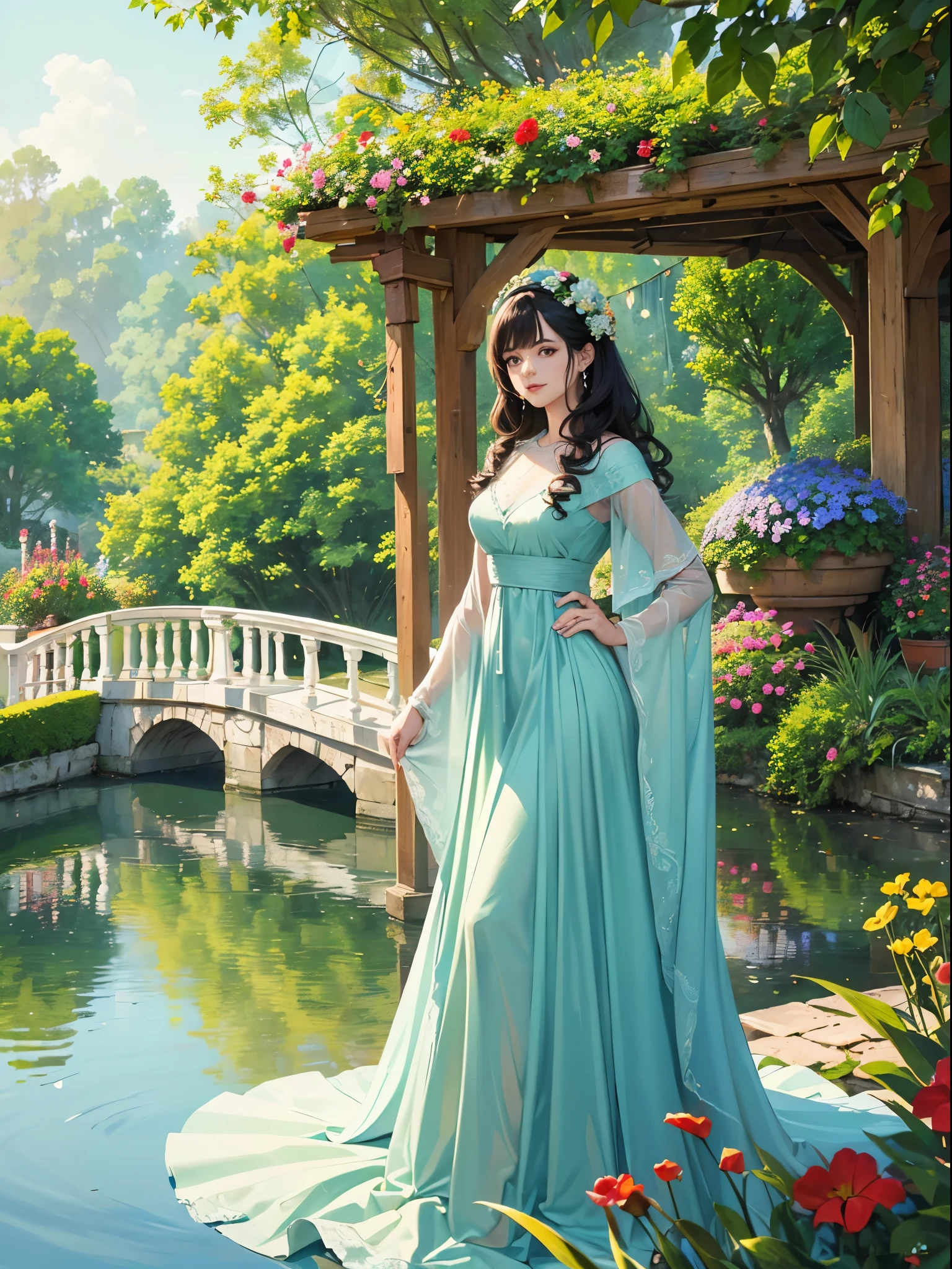 (micro-paisagem:1.5),(melhor qualidade), ((obra de arte)), (high resolution), illustration, Original, A European man standing and a European woman with curly hair lying down, em um barco  no meio do lago, in a romantic scene in Monet&#39;s Garden 4k with a highly detailed bridge in the background, ((rostos perfeitos)),  jardim florido.