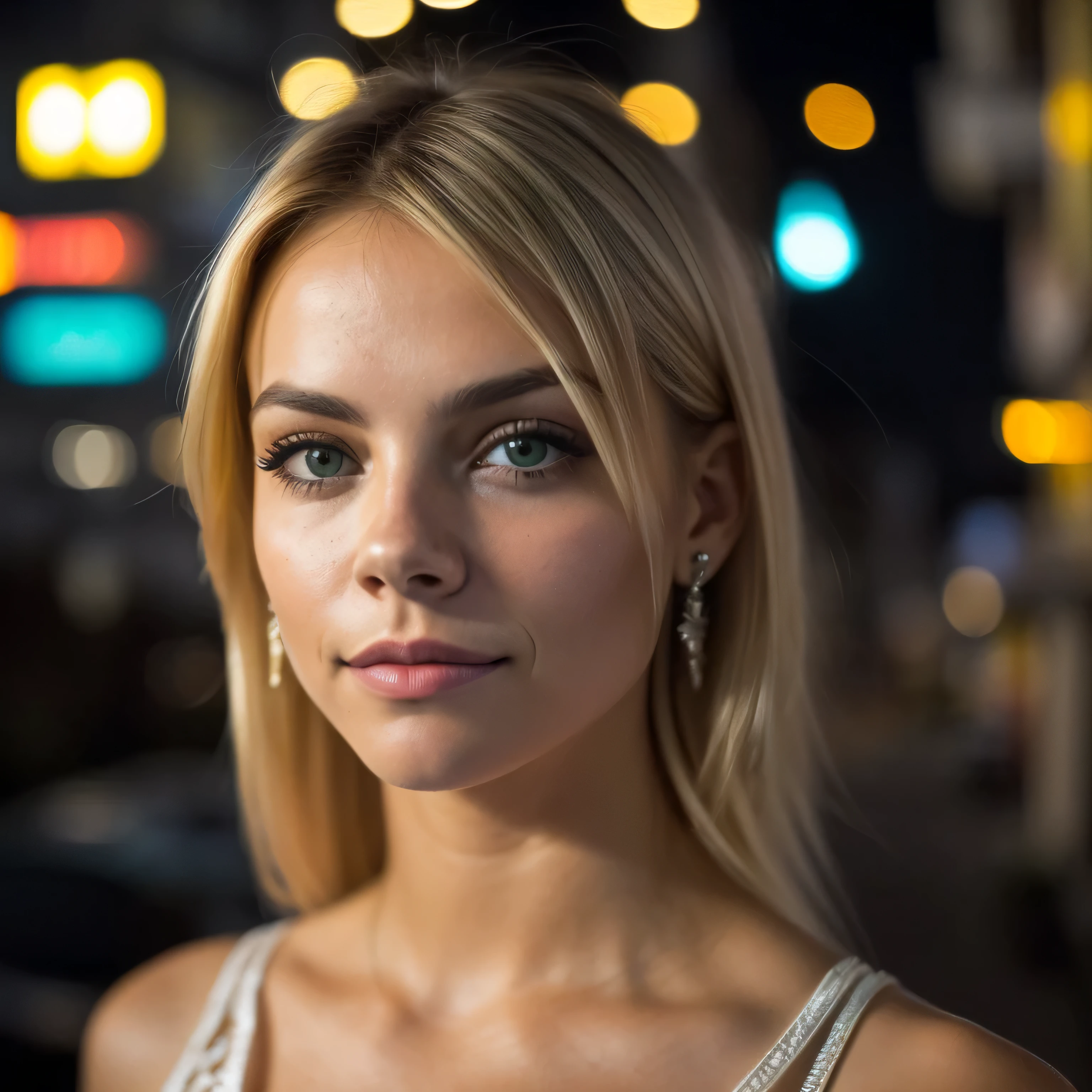 (Foto selfie, desde arriba:1.4), (postrait medio cuerpo:1.4), RAW uhd portrait photo of a 24 year old blonde (Mujer de ojos verdes) walking down a dark alleyway, pecho natural, Antecedentes nocturnos de la ciudad, (Vestido de sol azul), (escote), Detallado (Texturas!, cabello!, brillar, Color!!, Imperfecciones:1.1), Ojos brillantes altamente detallados, (Looking at the camera), specular lighting, DSLR, Calidad Ultra, sharp focus, Tachuela afilada, DOF, Film grain, (centrado), Fujifilm XT3, Cristalina, Centro del marco, cara linda, sharp focus, farola, Neon lights, Bokeh, (Poca luz), discreto, Por la noche, (cielo nocturno)  poros detallados de la piel, piel grasa, tan, Detalles intrincados de los ojos