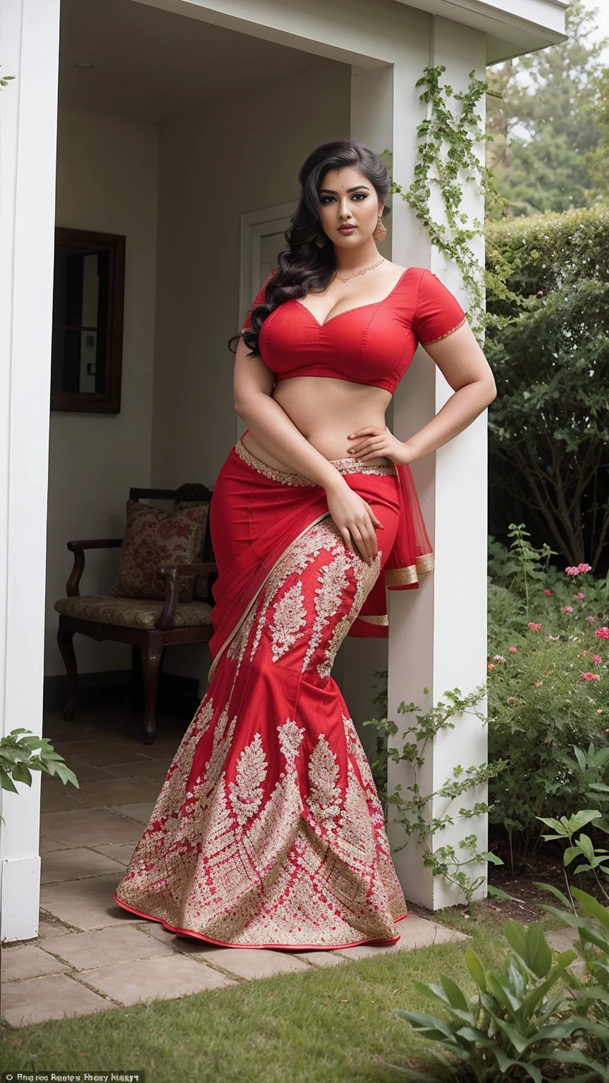 Shrabanti Chatterjee bengali beautiful woman sexy curvy plus size model wearing red color designing Lehenga Choli facing to camera in standing position,head to thighs view, curvy plus size figure,big m-cup breasts ,wearing Indian Lehenga Choli, side bun hairstyle, bright eyes, thin eyebrows, fair skin, blushing cheeks, prefect ,head to thighs view, head to thigh view, beautiful garden background and location