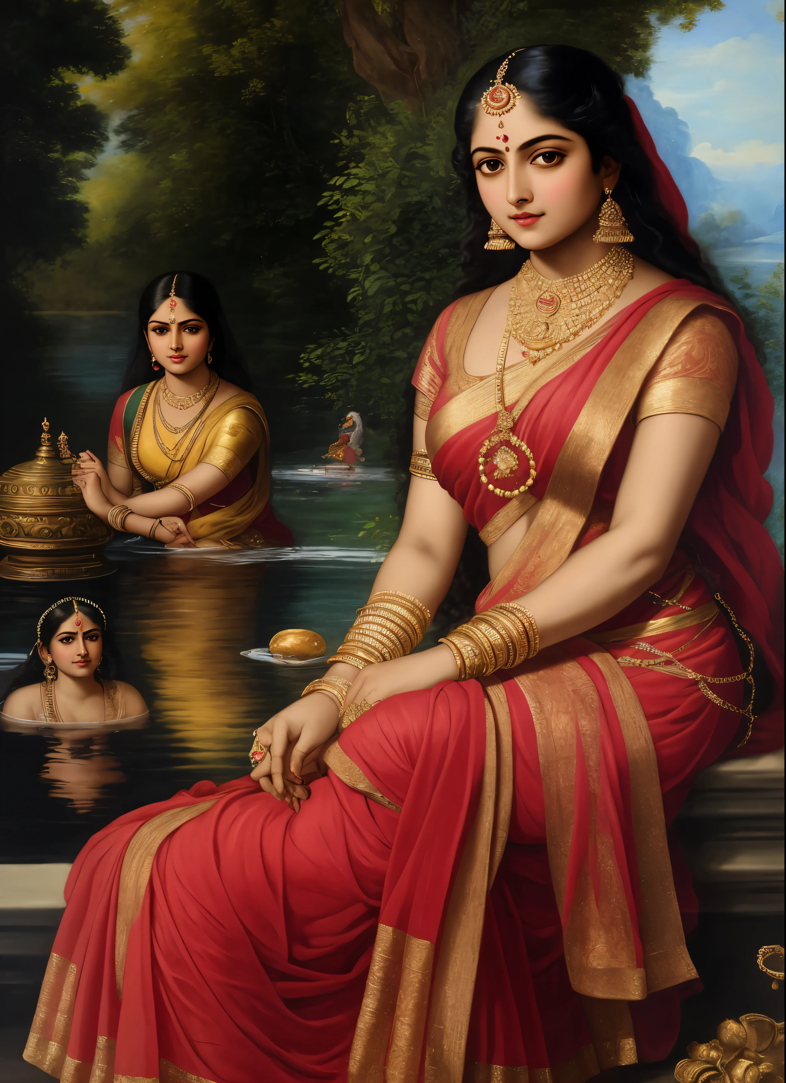 Masterpiece, award winning, baroque style, by Peter paul Rubens, Beautiful face, renaissance art,vdetailed eyes, full body shot, inspired by europian baroque style art, 19th century Art, realism, intricate, sharp details, painting of a woman in a sari bathing in a Royal pond, traditional beauty, portrait of a beautiful goddess, indian goddess, inspired by Raja Ravi Varma, indian art, beautiful goddess, painting of beautiful, beautiful character painting, a stunning portrait of a goddess, beautiful maiden, gorgeous woman, godess, by Raja Ravi Varma, inspired by T. K. Padmini,