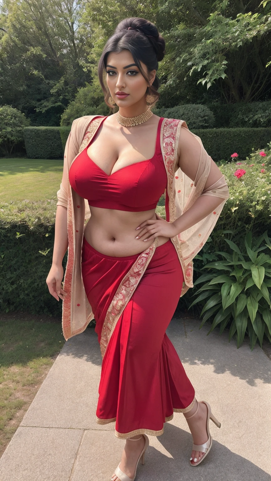 Shrabanti Chatterjee bengali beautiful woman sexy curvy plus size model wearing red color designing Lehenga Choli facing to camera in standing position,head to thighs view, curvy plus size figure,big m-cup breasts ,wearing Indian Lehenga Choli, side bun hairstyle, bright eyes, thin eyebrows, fair skin, blushing cheeks, prefect ,head to thighs view, head to thigh view, beautiful garden background and location