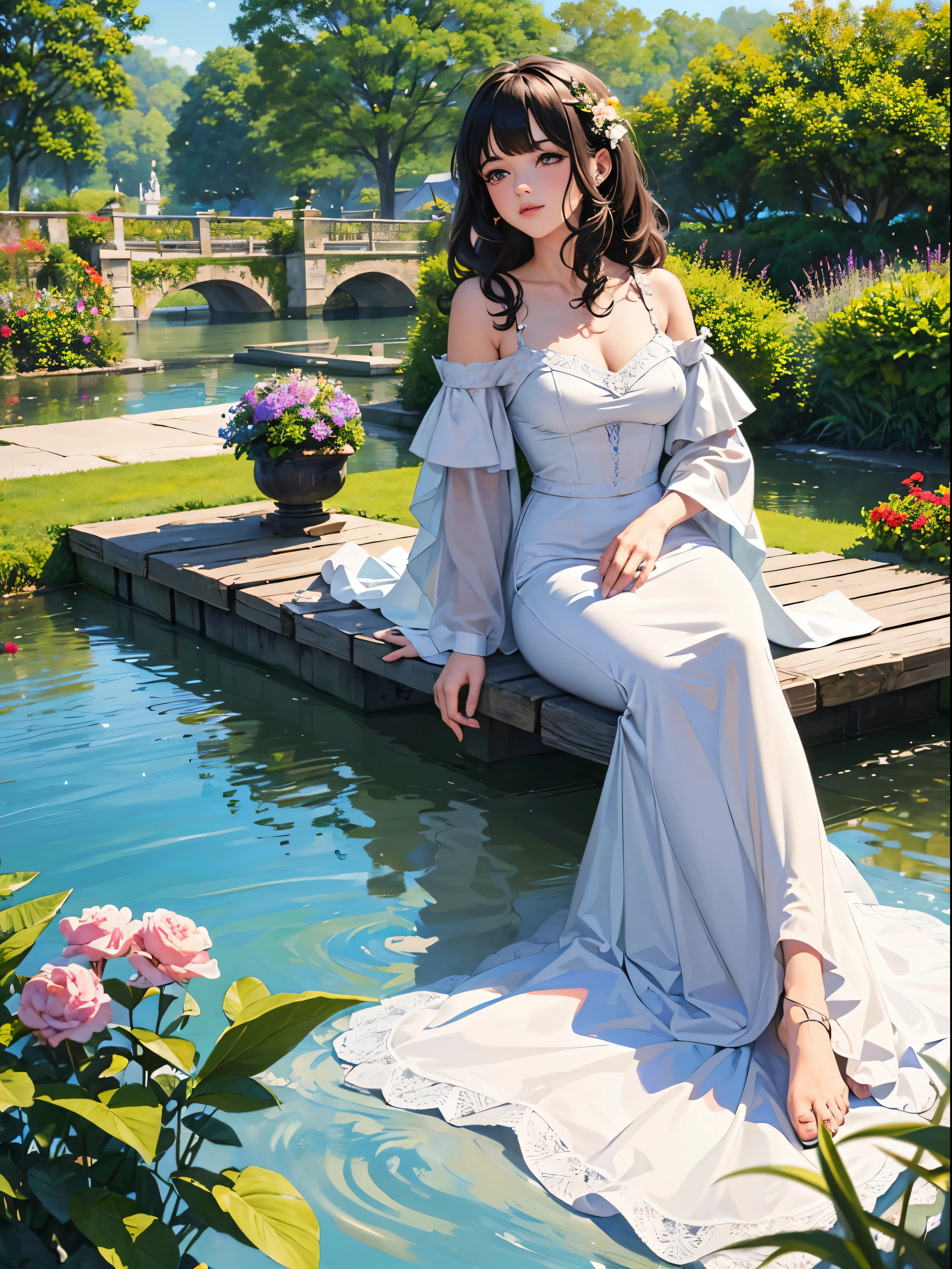 (micro-paisagem:1.5),(melhor qualidade), ((obra de arte)), (high resolution), illustration, Original, A European man standing and a European woman with curly hair lying down, em um barco no meio do lago, in a romantic scene in Monet's Garden 4k com uma ponte altamente detalhada ao fundo, ((ROSTOS PERFEITOS)), jardim florido.