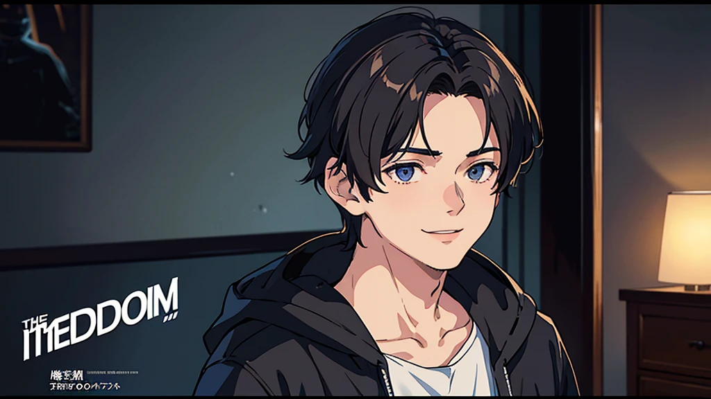 Boy saying something facing front, 20 yo handsome boy, little blur dark background, movie poster in background, bedroom, dark room, character must be in meddle,front face and body camera, cinematic, dramatic, night, smile on face, face and body must be front view, 1 person