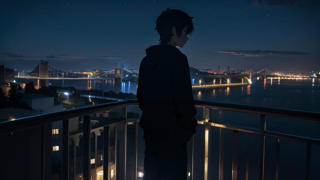 1sad boy, black hair, blue eyes, wearing black hoodie, trousers , night time, standing at a balcony, beautiful night sky, low light, dark, absurdres, high res, ultrasharp, 8K, masterpiece, looking at the other side