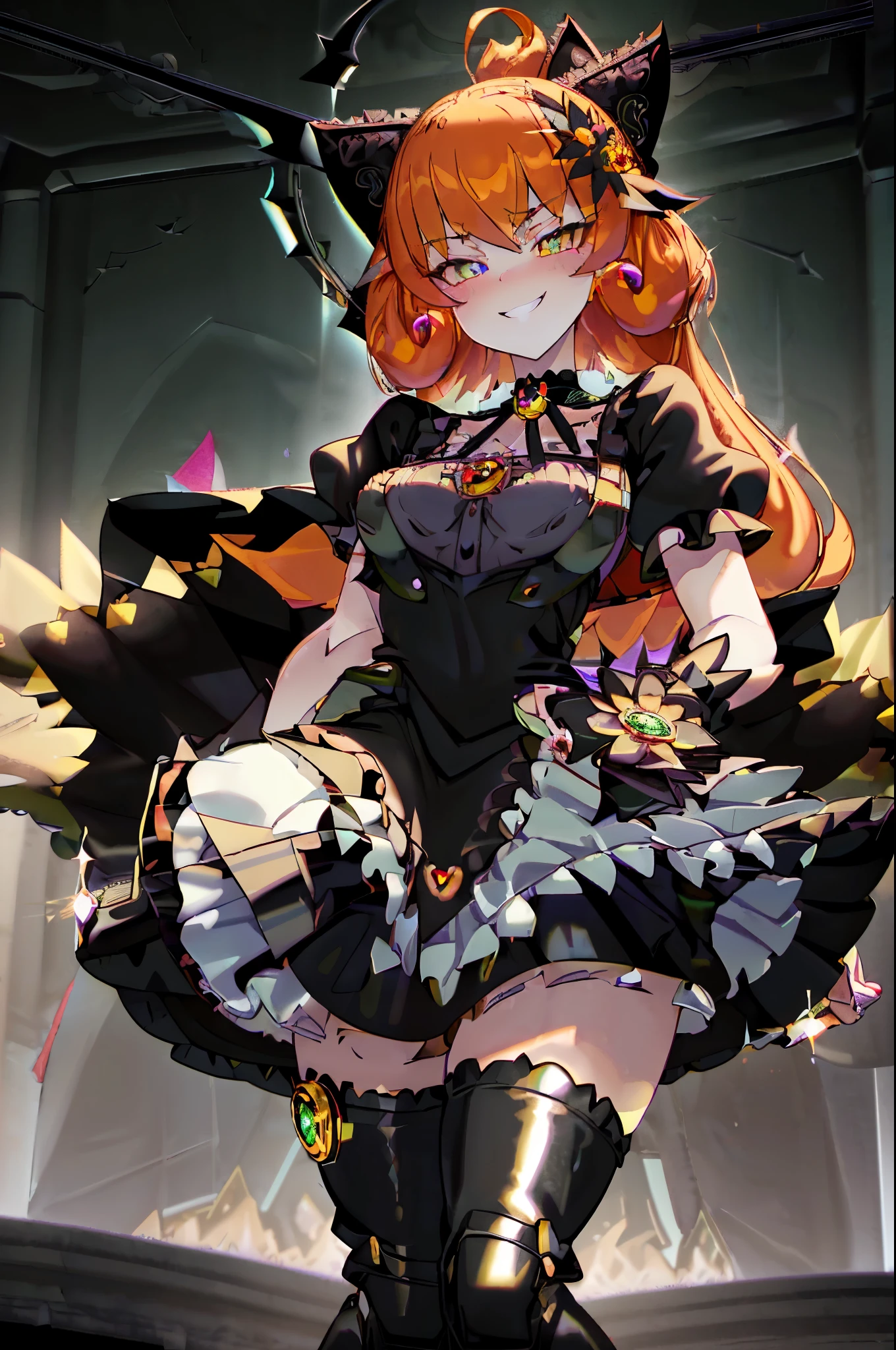 best quality, ultra detailed,1girl, solo, Penny Polendina, curly hair yellow eyes, orange hair, long hair, hair ornament, hair flower, earrings, green choker, magical girl, heart brooch, dress, (black dress:1.2), black shorts, puffy short sleeves, black dress, wrist cuffs, waist bow, skirt, boots, knee boots, black skirt with frills, small breast, black enamel boots, evil smile, devilish aura (shiny fabric:1.5), full body shot, purple gem, seductive, blush, (beautiful detailed eyes:1.6), extremely detailed face, perfect lighting, extremely detailed CG, (perfect hands, perfect anatomy), red and black color scheme, shiny material, smirks, evil clover leaf ornament, black frills, jewelry, corruption, evil grin, dark world background, red moon, cloudy sky, cg style,