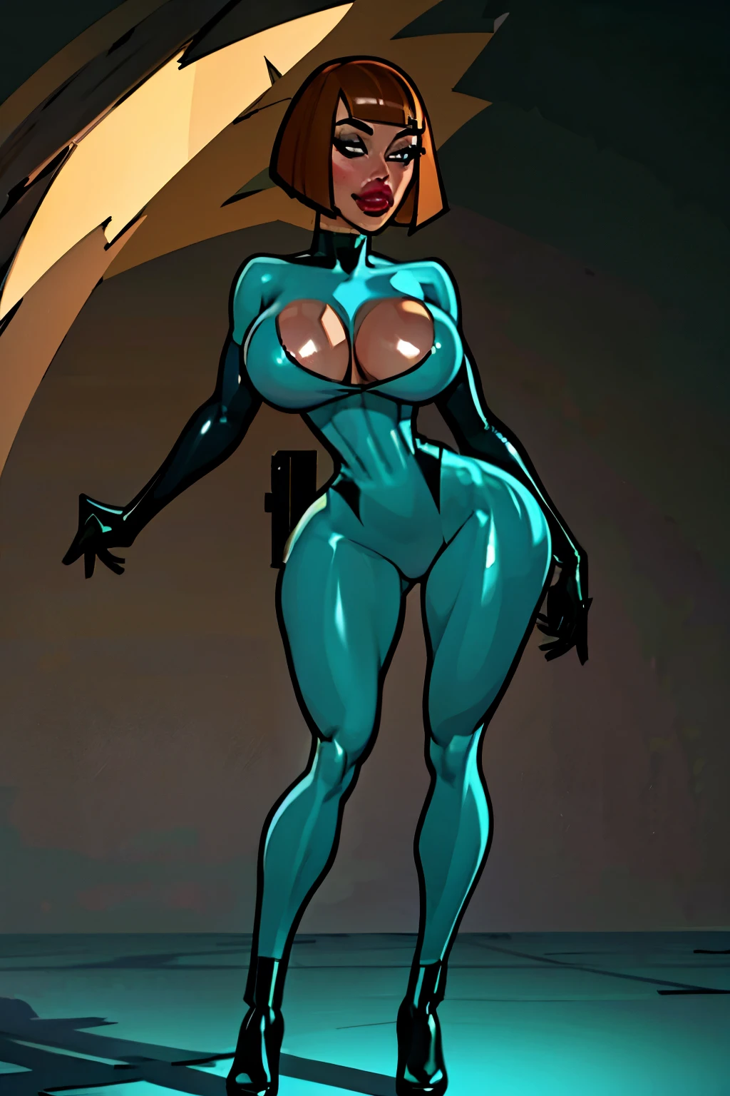 Generate a realistic illustration of a mature Madeline Fenton (Danny Phantom), ((blue bodysuit)), black gloves, (Aletta ocean face), blunt bobcut, de terno preto, straight hair, (dark brown hair), black torso, (slendered abs), black gun holster, (blue breasts), blue outfit in anime format with a serious style, goats skin, perfect skin, detailed face, defined cheekbones, puffy lips, long arm gloves, blue legs, blue arms, black boots, gothic make up, masterpiece, dark lighting, black background, puffy lips,slendered abs, beautiful face,