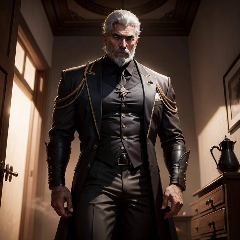 king regis lucis caelum, lascivo, pervertido, imponente, 60 years old, olhando para o espectador, pose sexy, vista frontal, corpo inteiro, olhos de cor azuis, grey short hair, thick grey beard, wearing a very detail black robe, He's in his room, your crotch has a huge bulge, Obra-prima maravilhosa altamente detalhada, beautiful cinematic light deep focus, elegante, pintura digital, liso, sharp focus, golden ratio, dramatic lighting, 8k, pixiv, bara