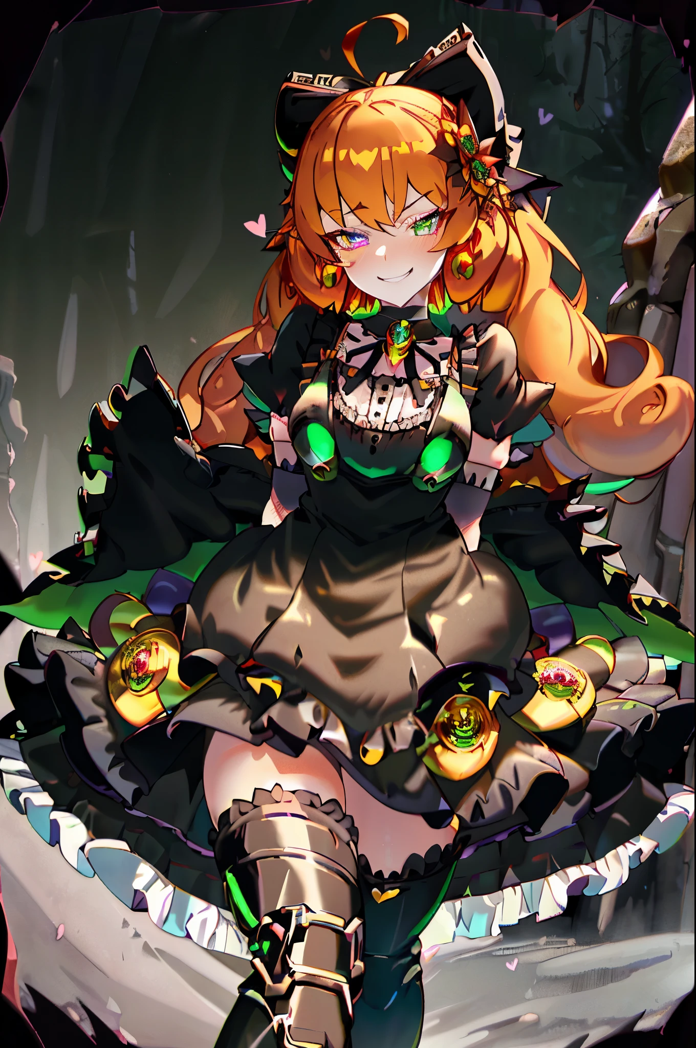 best quality, ultra detailed,1girl, solo, {Penny Polendina}, curly hair yellow eyes, orange hair, long hair, hair ornament, hair flower, earrings, green choker, magical girl, heart brooch, dress, (black dress:1.2), black shorts, puffy short sleeves, black dress, wrist cuffs, waist bow, skirt, boots, knee boots, black skirt with frills, small breast, black enamel boots, evil smile, devilish aura (shiny fabric:1.5), full body shot, purple gem, seductive, blush, (beautiful detailed eyes:1.6), extremely detailed face, perfect lighting, extremely detailed CG, (perfect hands, perfect anatomy), red and black color scheme, shiny material, smirks, evil clover leaf ornament, black frills, jewelry, corruption, evil grin, dark world background, red moon, cloudy sky, cg style,