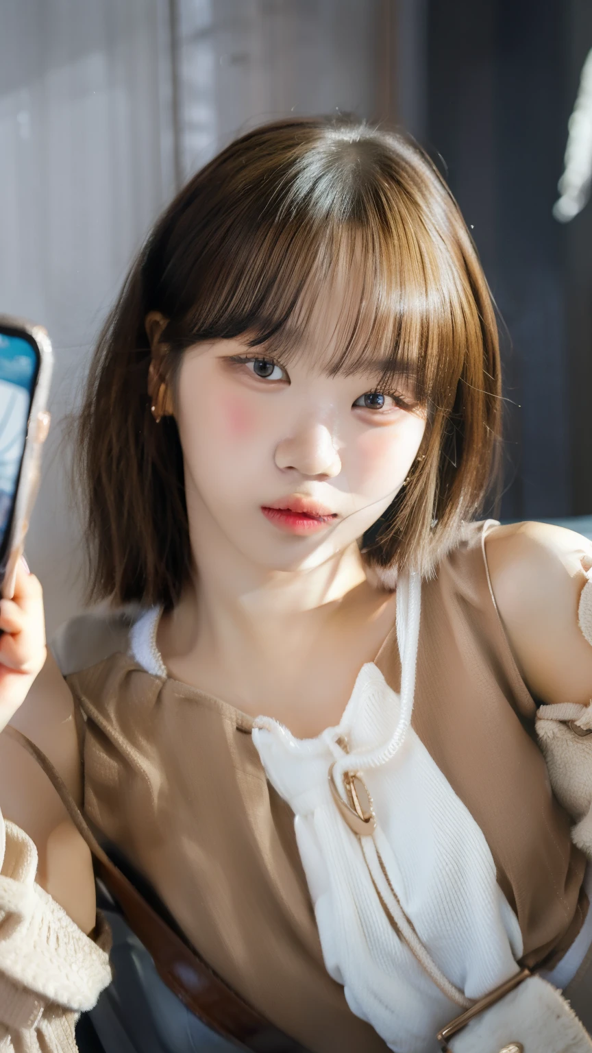 there is a woman that is holding a cell phone in her hand, ulzzang, Con pelo corto, retrato realista kawaii, pale korean adorable face, Lalisa Manobal, foto de retrato foto de perfil, obra de arte al estilo de guweiz, joven y adorable rostro coreano, sol yunjoo, [ realistic photography ], sakimichan, 🤤 girl portrait