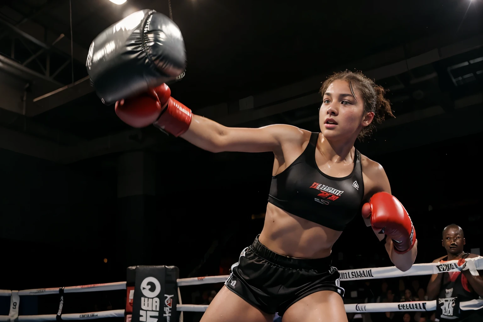 Masterpiece, girl, black sports bra, black booty shorts, red boxing gloves, sweaty, strong, fighting a silver robot, in a boxing ring, realistic