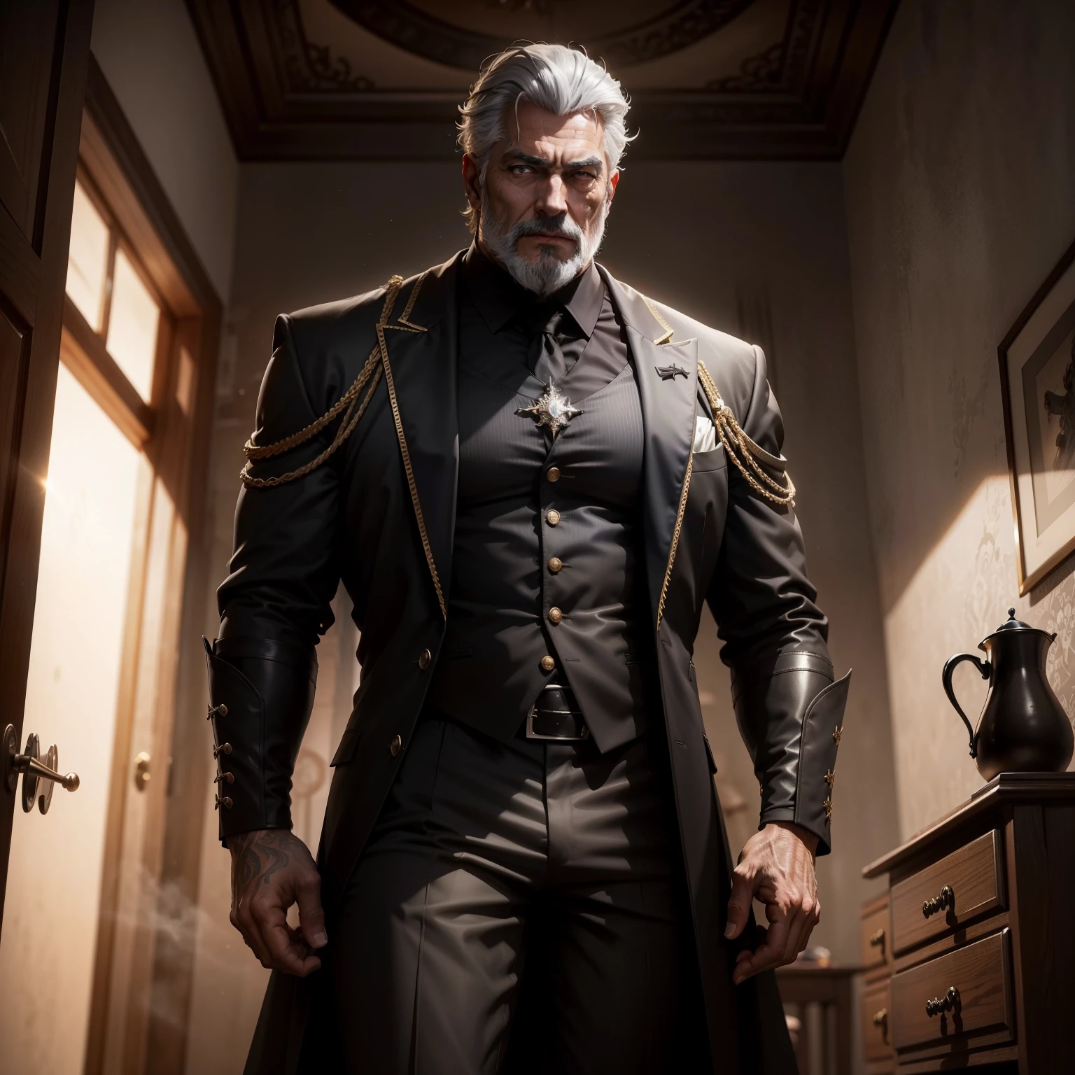 king regis lucis caelum, lascivo, pervertido, imponente, 60 years old, olhando para o espectador, pose sexy, vista frontal, corpo inteiro, olhos de cor azuis, grey short hair, thick grey beard, wearing a very detail black robe, He's in his room, your crotch has a huge bulge, Obra-prima maravilhosa altamente detalhada, beautiful cinematic light deep focus, elegante, pintura digital, liso, sharp focus, golden ratio, dramatic lighting, 8k, pixiv, bara