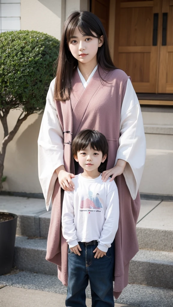 Japanese 20years old women with 10years-old boy standing,