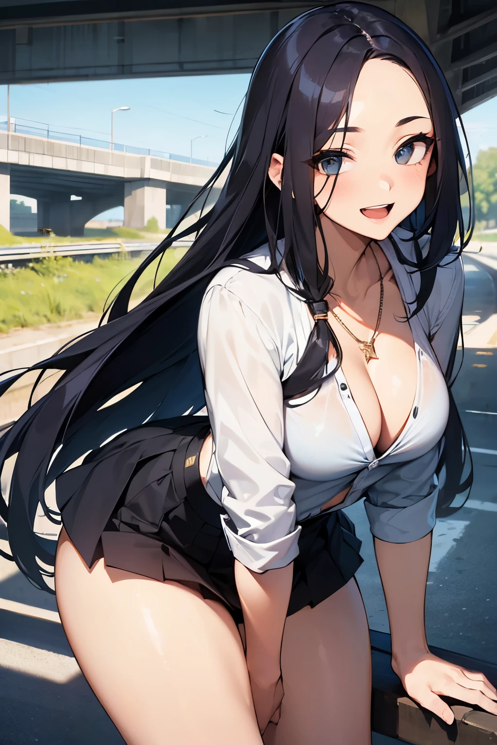 (((SHARP detail perfect face))), (nice hips), detailed skin, ((masterpiece)), best quality, (SHARP details), 4k, (((tomboy))), (smiling), (open mouth), looking at viewer, (in heat), (long hair), (asymmetrical hair), deep cleavage, school uniform, (beneath (highway bridge)), (surrounded by men), (multiple men), grass, (in the shade), ((spiky hair)), black hair, nice hips, (shirt), (forehead), necklace,