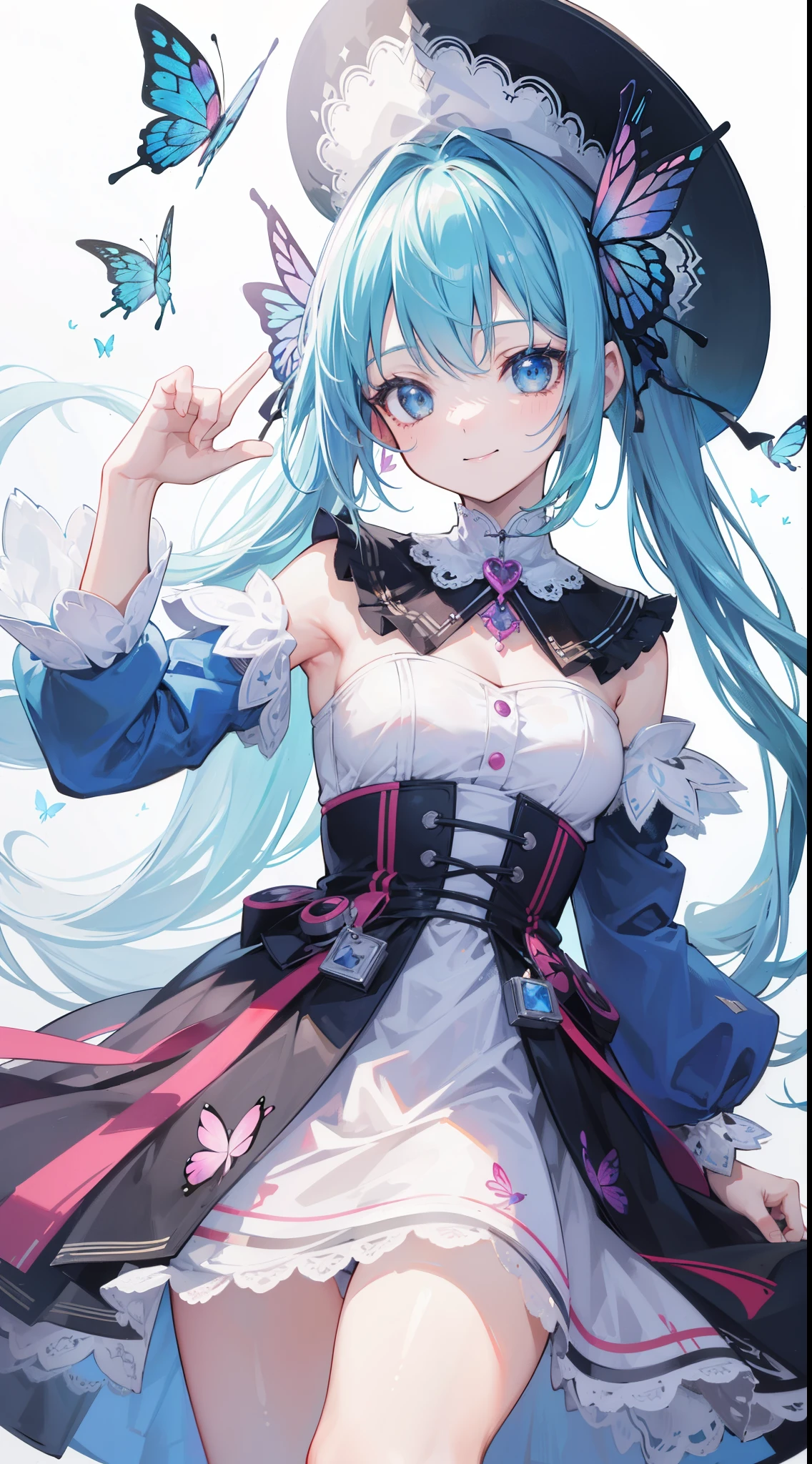 32k, best quality, ultra-detailed, high resolution, perfect anatomy, head on, cute girl, cute dress, cute hat, cute smile, colorful butterfly background,