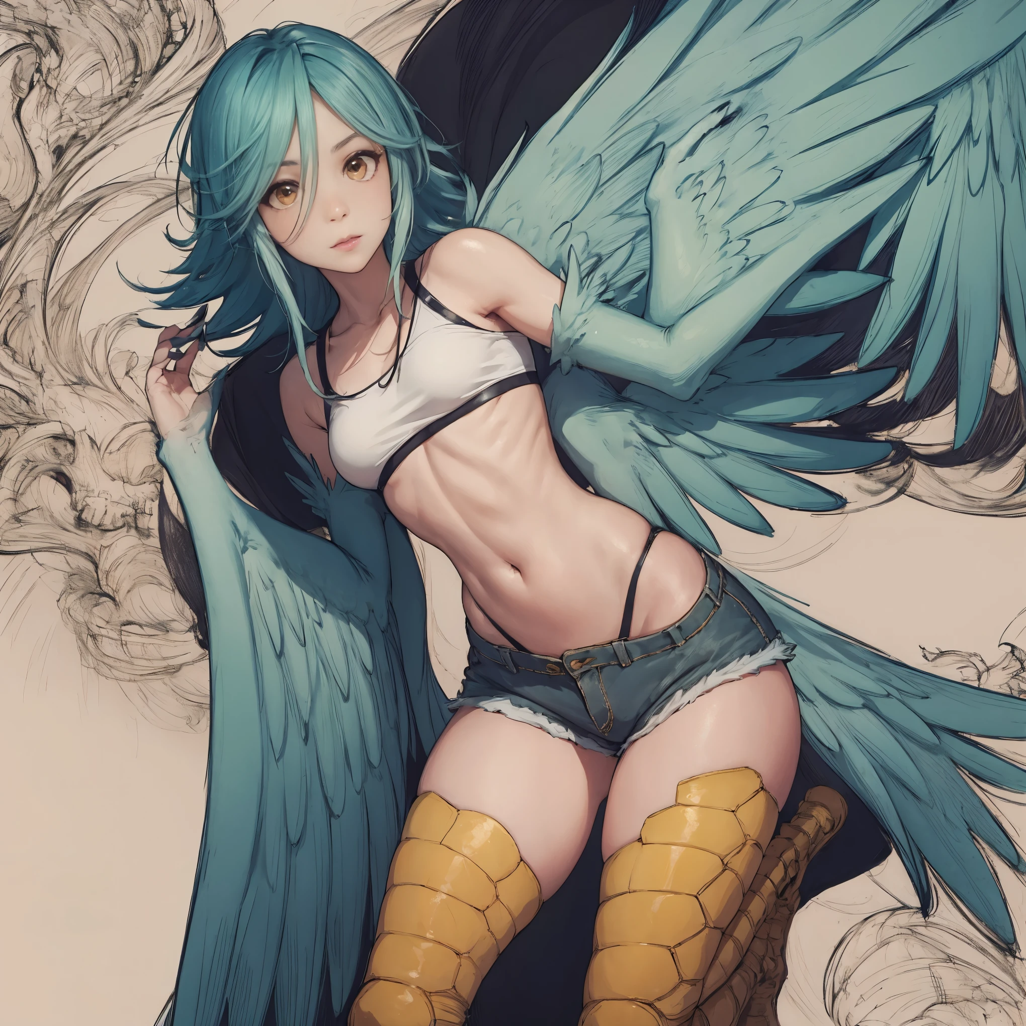 1 female, solo female, harpy, emerald green wings, beautiful wings, bird legs, sharp black talons, tan skin, tomboyish appearance, slim body, body height, shoulder length green hair, bright yellow eyes, masterpiece, excellent details,sports shorts