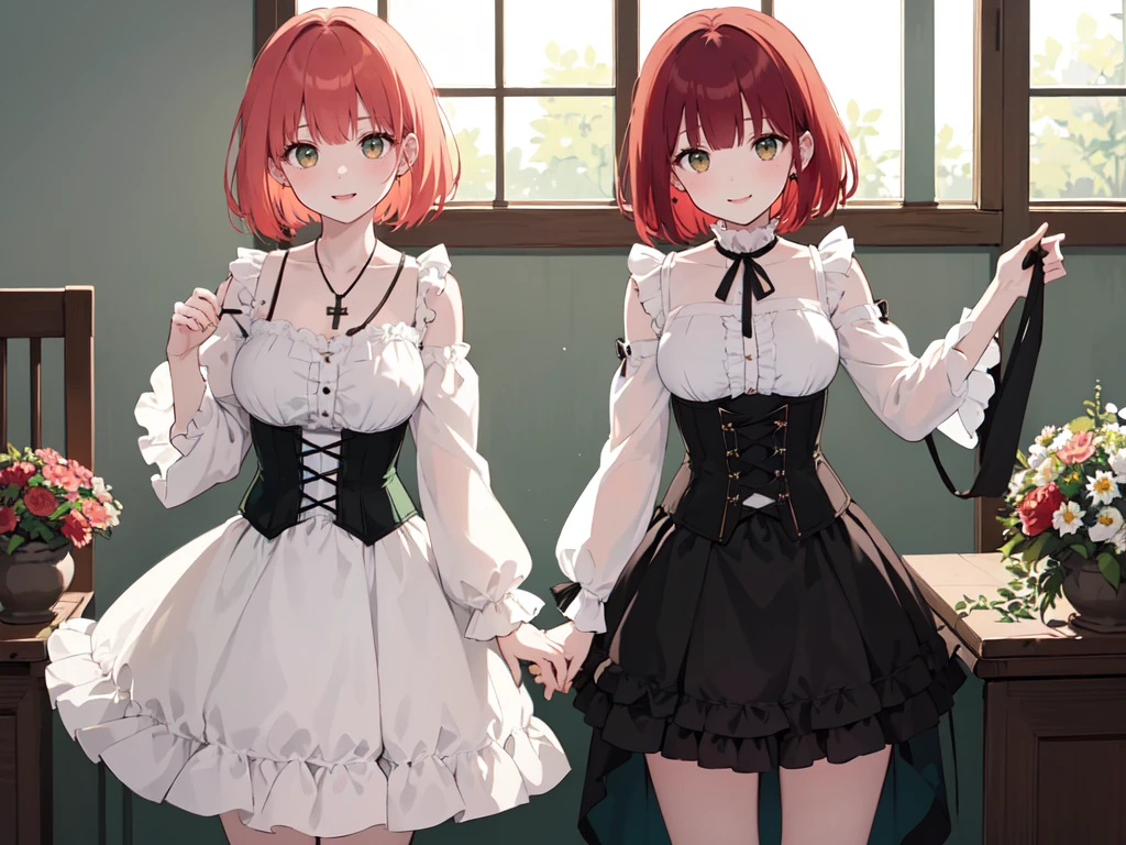 (masterpiece), (best quality), (ultra detailed),(disheveled hair),(illustration), (1woman), ((green attached skirt)(black corset with flowers)(pantyhose with black hearts)(white blouse with wide sleeves)), standing, Fashion model, looking at viewer, (interview), (casual background),beautiful brown eyes, delicate beautiful face, ,(high saturation),(colorful splashes),(shining), kamisato ayaka, red hair, bangs, short hair, (shining), best lighting, best shadow. catholic cross necklace. smiling sexy. blush