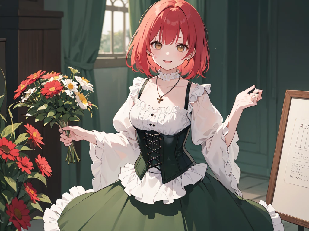 (masterpiece), (best quality), (ultra detailed),(disheveled hair),(illustration), (1woman), ((green attached skirt)(black corset with flowers)(pantyhose with black hearts)(white blouse with wide sleeves)), standing, Fashion model, looking at viewer, (interview), (casual background),beautiful brown eyes, delicate beautiful face, ,(high saturation),(colorful splashes),(shining), kamisato ayaka, red hair, bangs, short hair, (shining), best lighting, best shadow. catholic cross necklace. smiling sexy. blush