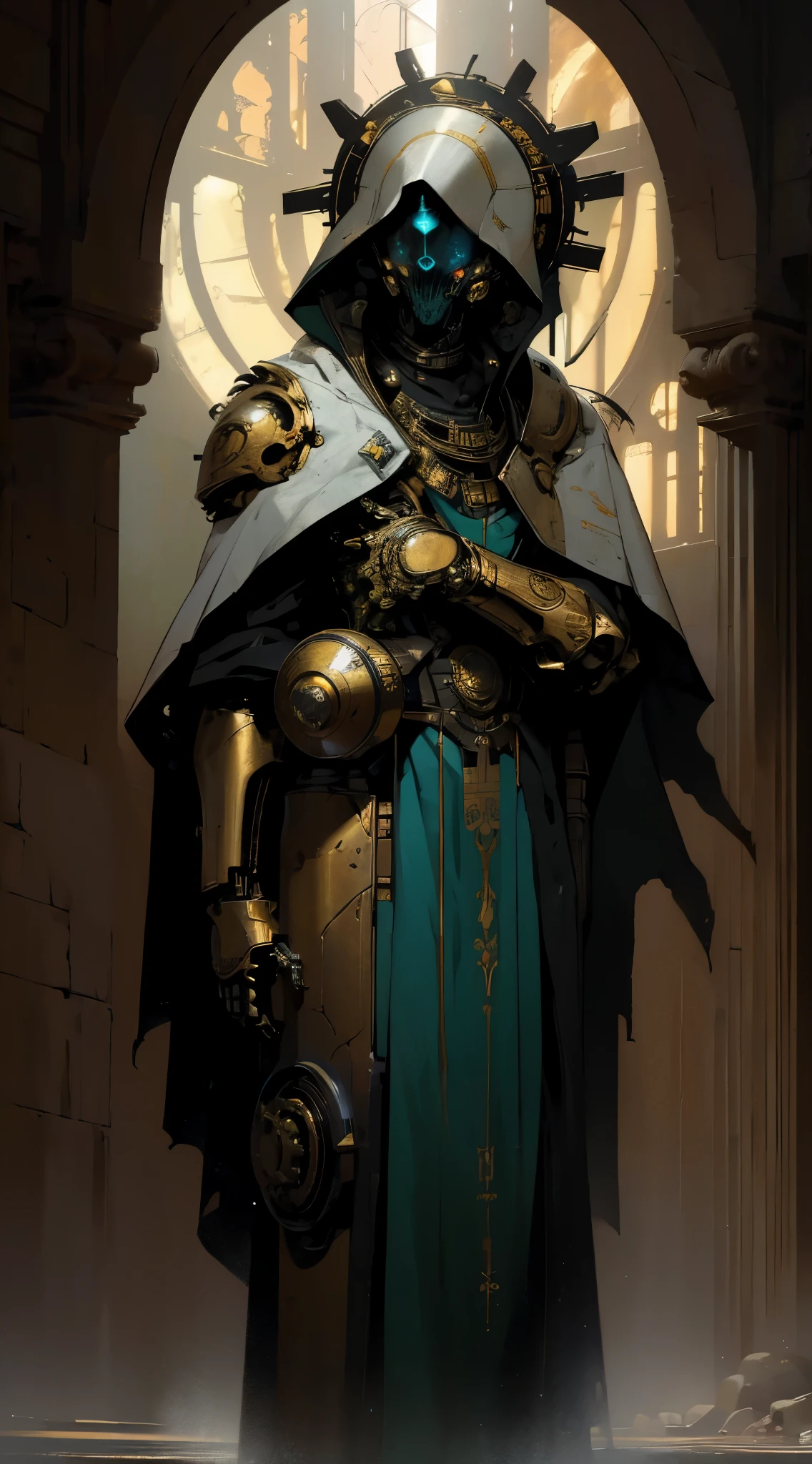 cyborg,((The face is in style of an Exo from Destiny)),Shiny metal skin,Mechanical body parts,Mechanical gears and gears, devoid of mouth, [Meticulous, Surgical precision],church style background,Science fiction art style,Vibrant colors,High-res,Ultra-detailed,Realistic lighting effects,Bokeh, wearing white robes, cloak, divine pose, two eyes, luminous, high detailled, beautiful art, golden light, a lot of details, the character have a sword