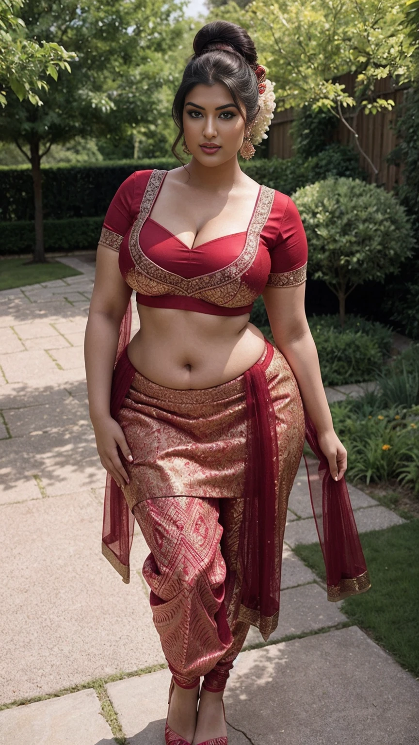 Shrabanti Chatterjee bengali beautiful woman sexy curvy plus size model wearing red color designing Lehenga Choli facing to camera in standing position,head to thighs view, curvy plus size figure,big m-cup breasts ,wearing Indian Lehenga Choli, side bun hairstyle, bright eyes, thin eyebrows, fair skin, blushing cheeks, prefect ,head to thighs view, head to thigh view, beautiful garden background and location