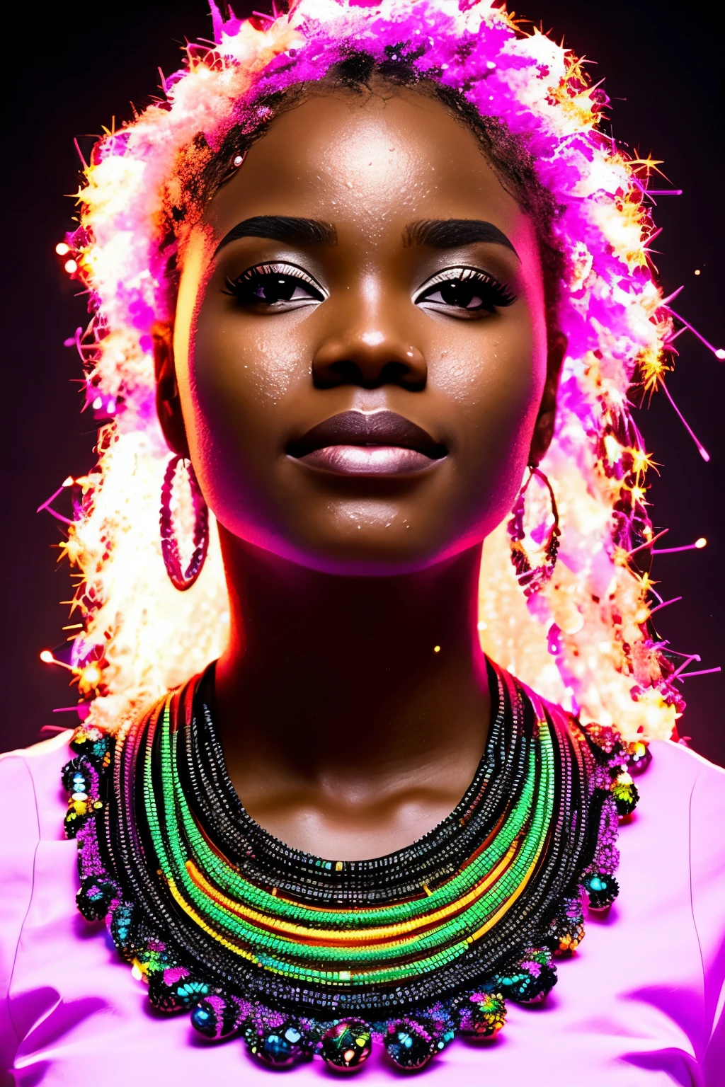 A captivating close-up shot of a Black woman, her face adorned with intricately designed African marks that gleam in the neon lights, cascades of water droplets trickling down her features. She is attired in vibrant African clothing, accessorized with beads that catch the light and shimmer in sync with the neon-lit background. Surrounding her, exploding crystals cast an ethereal neon glow, adding an element of otherworldly mystery to the scene. Highly-realistic facial images with very detailed features bring her expressive countenance to life. This cinematic masterpiece, inspired by the Artgerm style, is rendered in