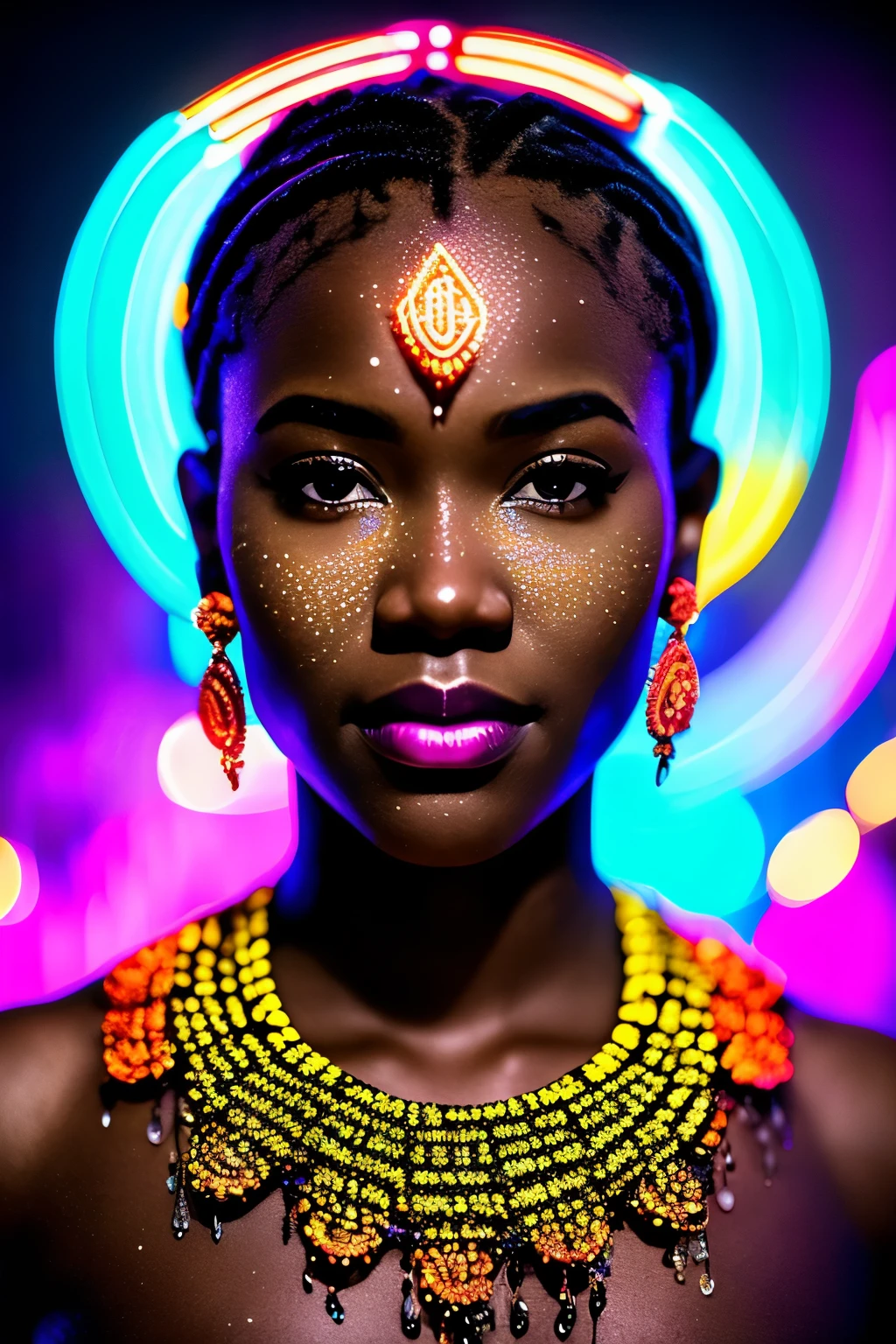 A captivating close-up shot of a Black woman, her face adorned with intricately designed African marks that gleam in the neon lights, cascades of water droplets trickling down her features. She is attired in vibrant African clothing, accessorized with beads that catch the light and shimmer in sync with the neon-lit background. Surrounding her, exploding crystals cast an ethereal neon glow, adding an element of otherworldly mystery to the scene. Highly-realistic facial images with very detailed features bring her expressive countenance to life. This cinematic masterpiece, inspired by the Artgerm style, is rendered in