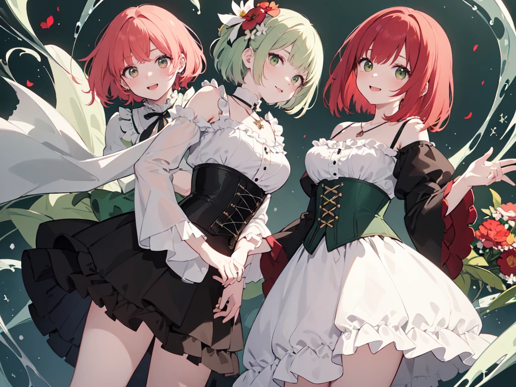 (masterpiece), (best quality), (ultra detailed),(disheveled hair),(illustration), (1woman), ((green attached skirt)(black corset with flowers)(pantyhose with black hearts)(white blouse with wide sleeves)), standing, Fashion model, looking at viewer, (interview), (casual background),beautiful brown eyes, delicate beautiful face, ,(high saturation),(colorful splashes),(shining), kamisato ayaka, red hair, bangs, short hair, (shining), best lighting, best shadow. catholic cross necklace. smiling sexy. blush