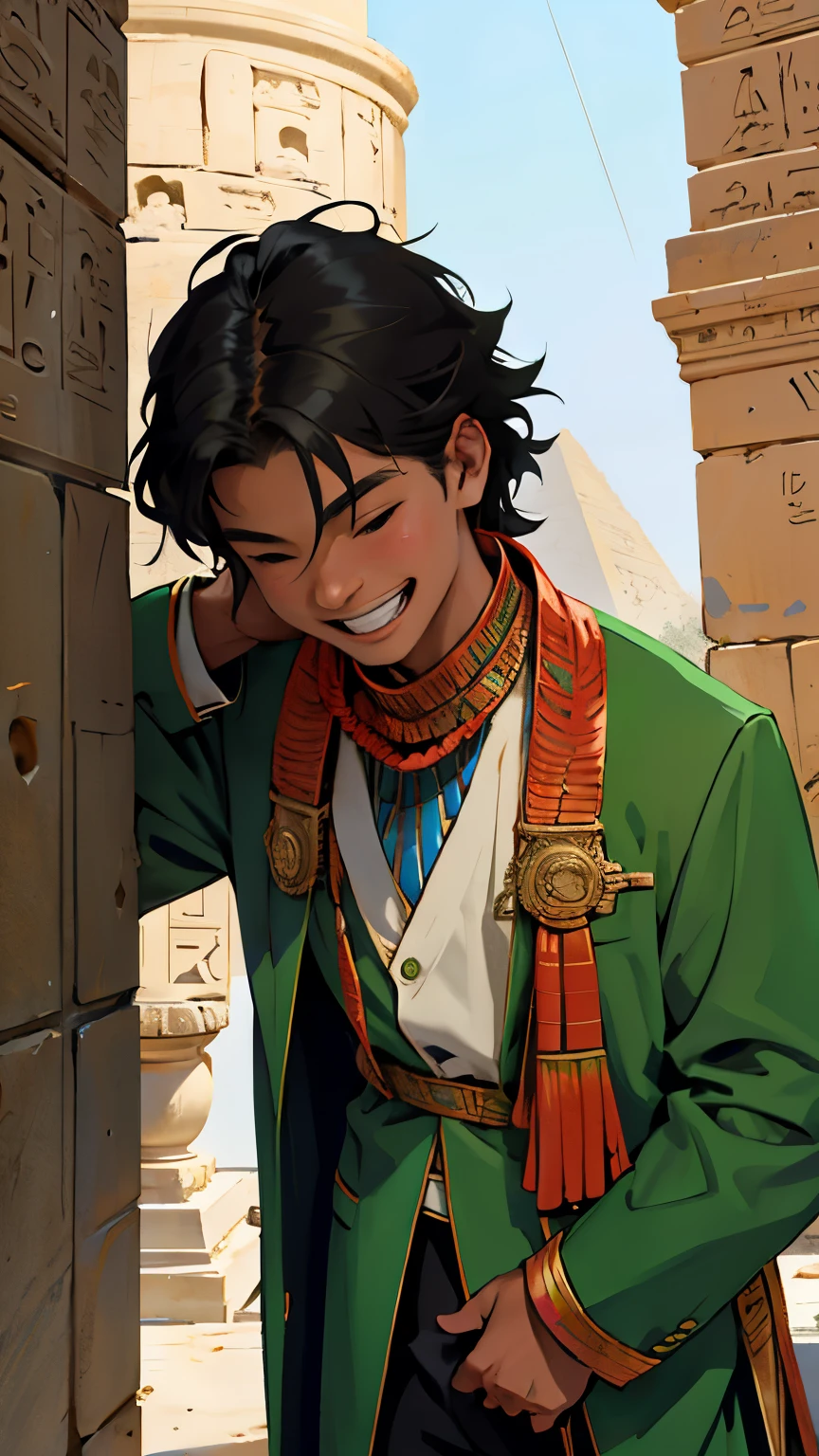 the young man is  he stands up he wears a green suit ancient egypt he is laughing he talks making fun of someone