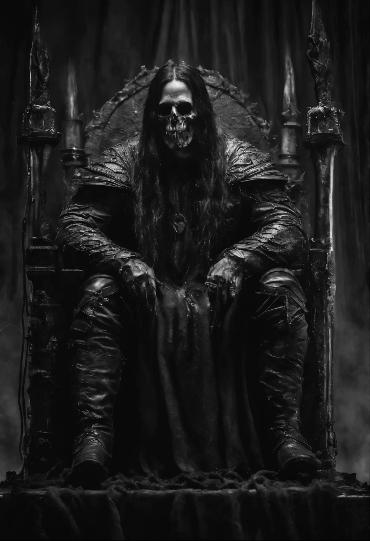 Death metal album cover, grey scale paint, kingdom and throne, strings, chains, dystopian , dark, fantasy and horror