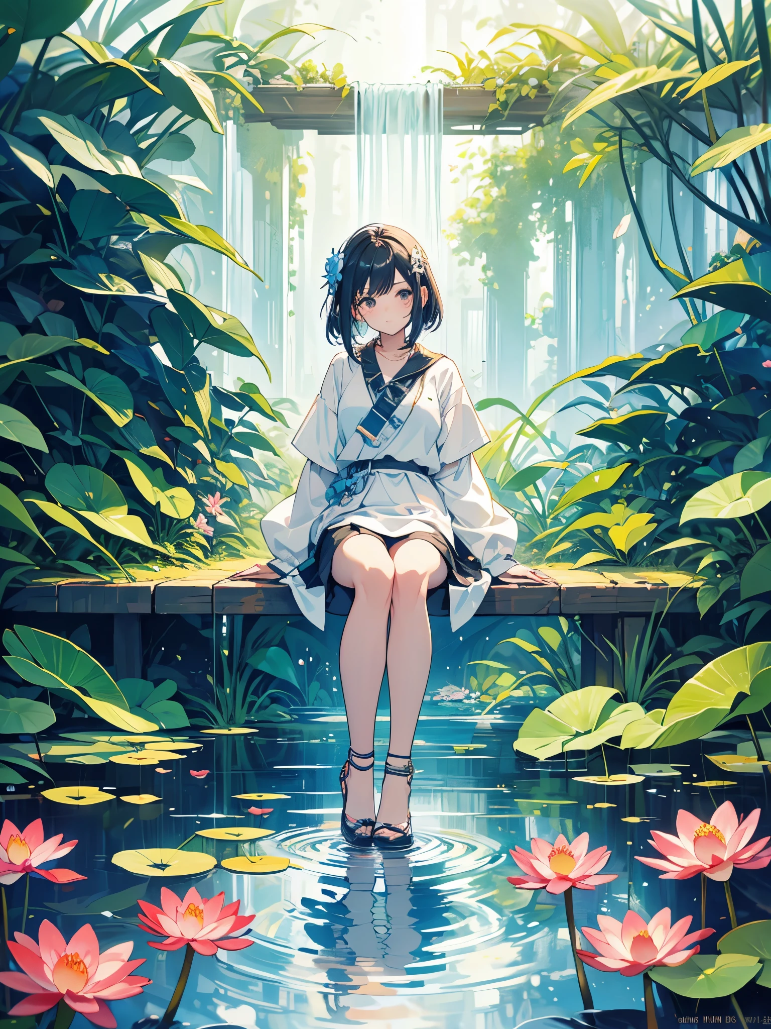 There is a girl sitting on a leaf, (white clothes), fresh color scheme, there is a plush toy, Guvez style artwork, popular on cgstation, illustrated by Li Song, soft anime, lying on a water lily mat, sitting on a lotus flower, cute and meticulous digital art, cute art style, in the pond, Yang J, cute digital art, Guvitz, sitting by the pond
