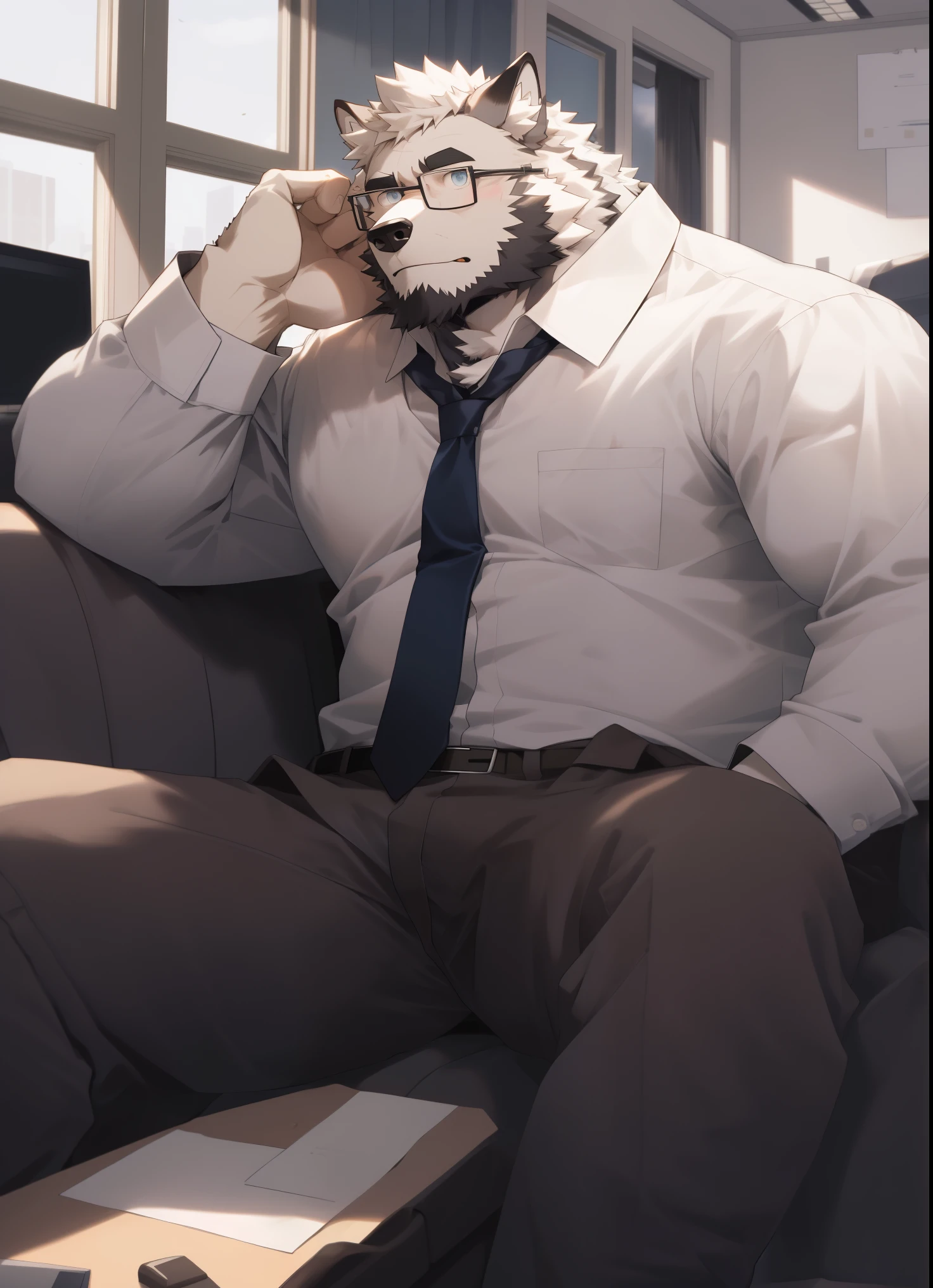 hairy，（Wolf，Black-rimmed glasses，White long-sleeved shirt，rolled up sleeves，Unfasten your shirt，tie，），beard，white fur，male，Common，full body picture， dynamic poses，office，lying on sofa，clothes are disheveled，Unbuttoned，shy expression，detailed background，极其lifelike阴影，masterpiece，Very detailed，lifelike