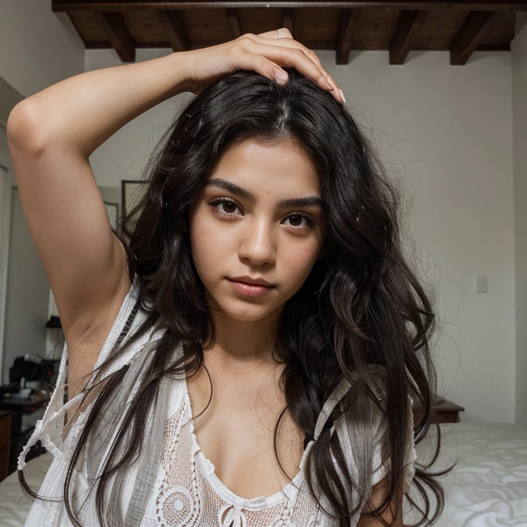 beautiful mexican with gray eyes white skin and long black curly hair, If you place your right hand horizontally on your head, dodging the top of your head with your palm onliy left palm in His room