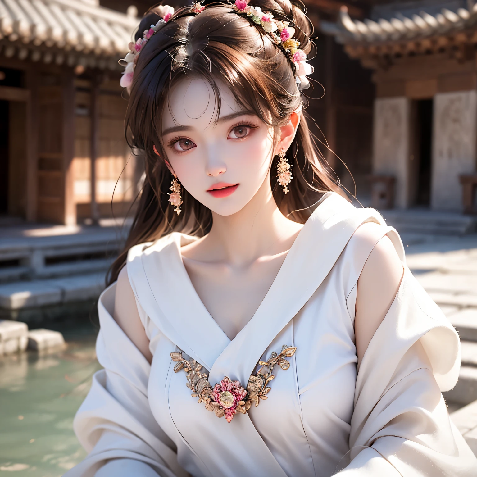 (Best quality: 1.3, Masterpiece: 1.3), Ultra High Definition, (1 girl, alone), Atmospheric Perspective, Detailed Face with flawless pink lips and slight harelip, Upper body exposed, adorned with cosmetics and intricate earrings, East Asian architecture on the riverside as beautiful background, Staff-like brown hair flowing super long, Gazing directly at the audience with captivating red eyes, Wearing a white silk robe, Perfectly lit under the soft and radiant front lighting, Physically based rendering that brings out the shine on her skin.