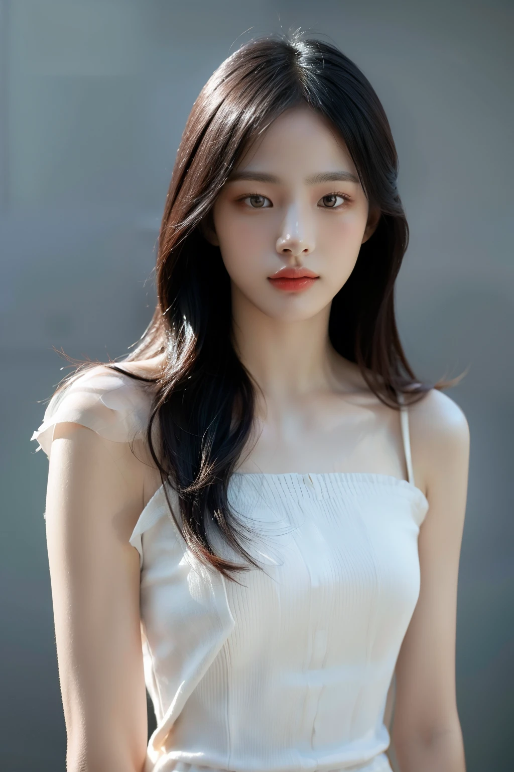(realistic), (surrealism),best quality, masterpiece,ultra high resolution, (photorealistic:1.4),1 woman, (simple background), Casual dresses,
upper body,nude